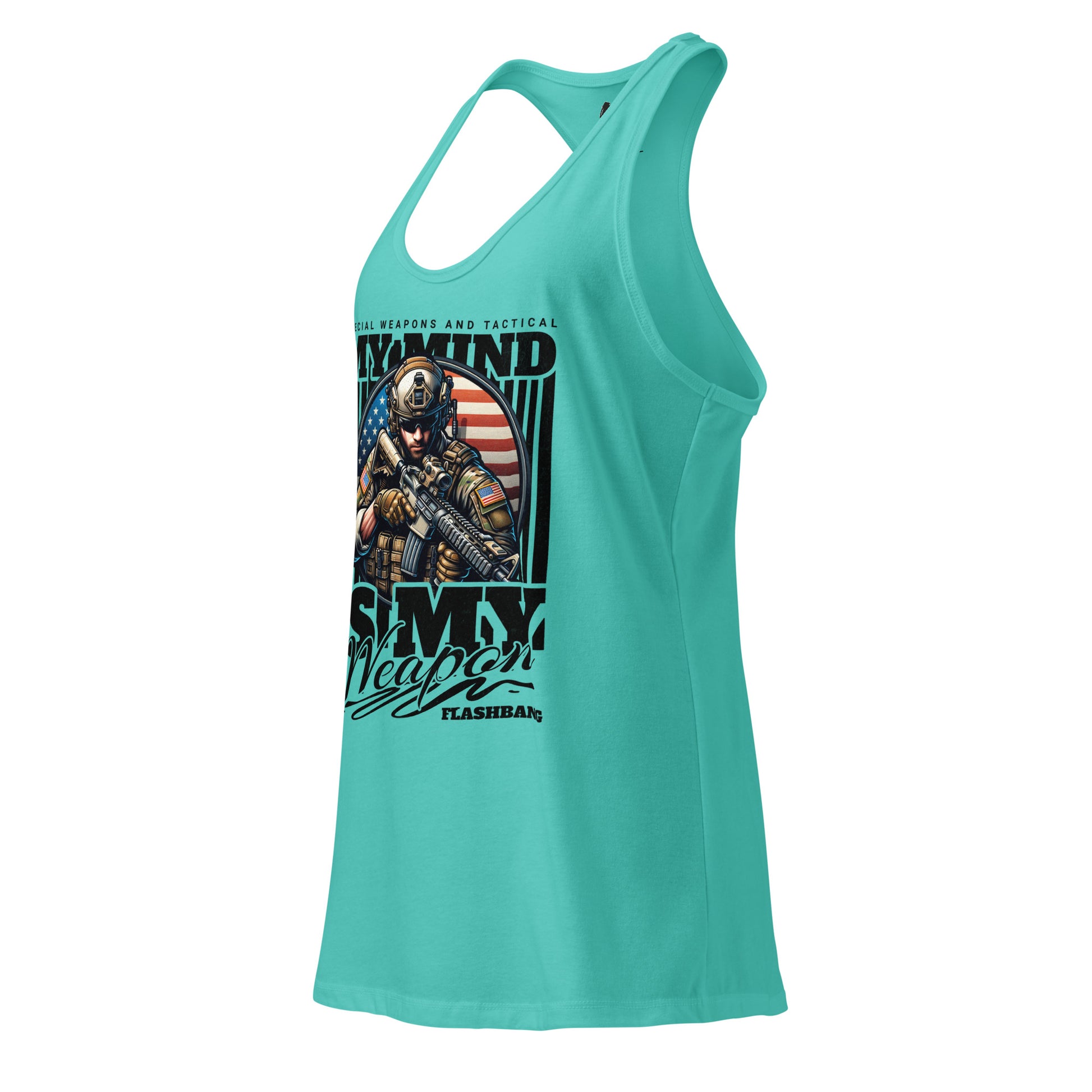 Turquoise tank top with graphic design on a white background