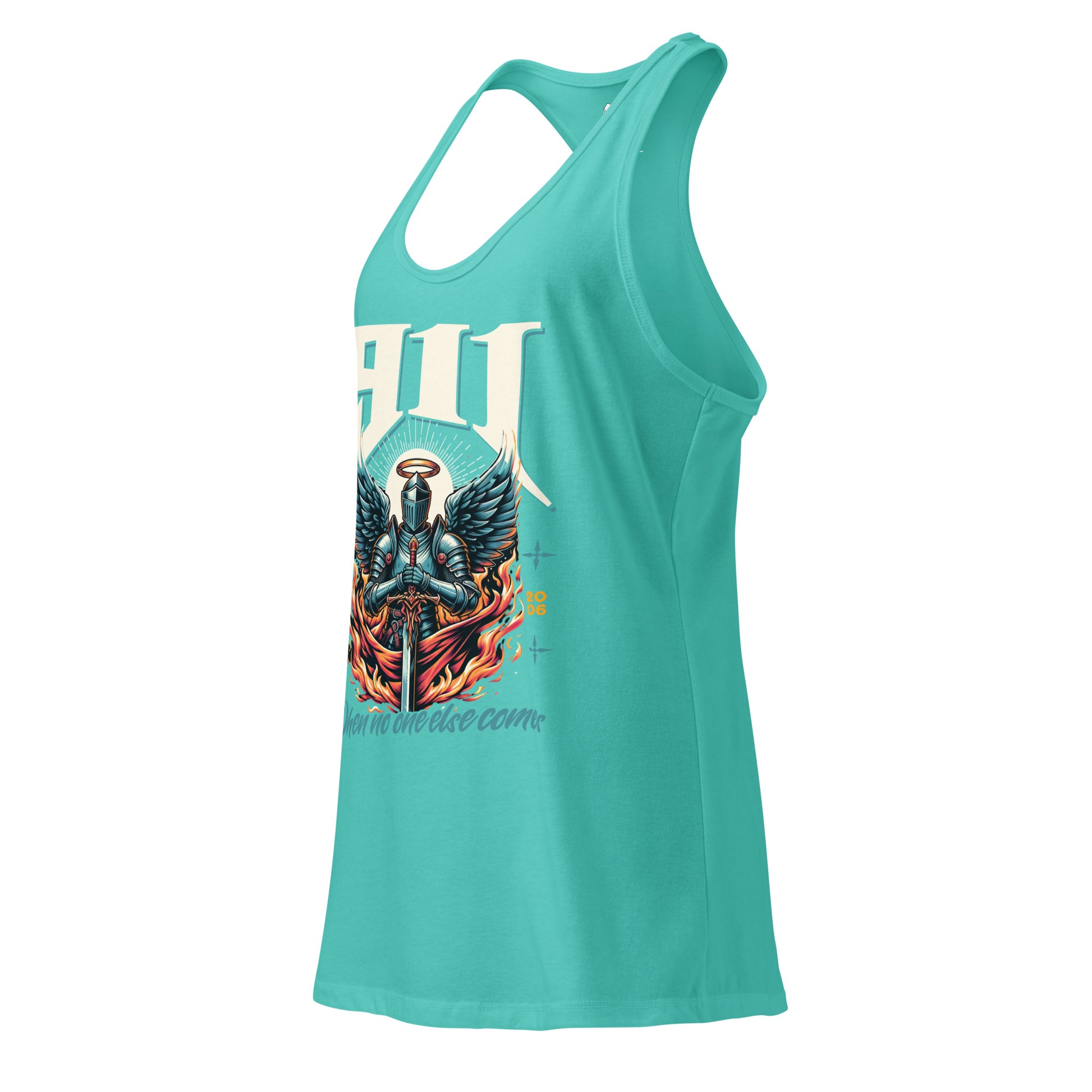 Turquoise tank top with graphic design on a white background