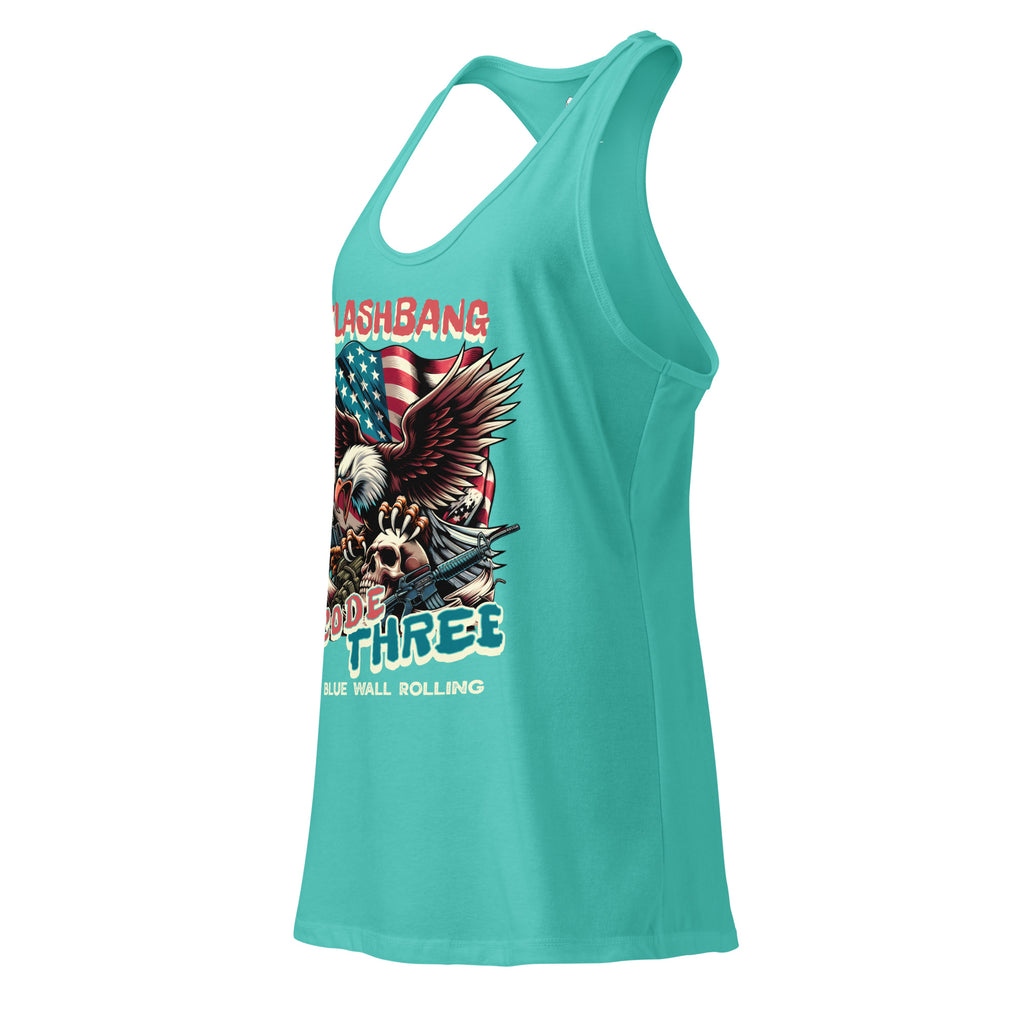 Turquoise tank top with graphic design and text on a white background
