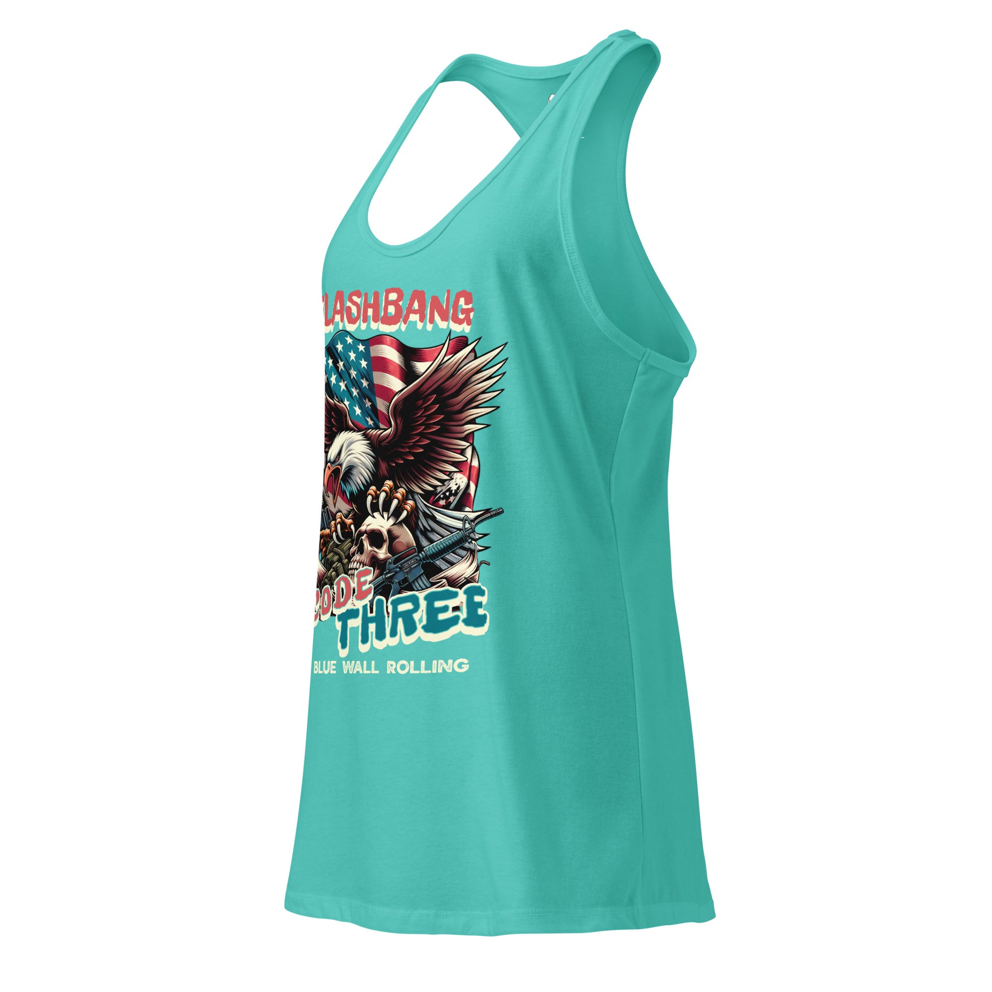 Turquoise tank top with graphic design and text on a white background
