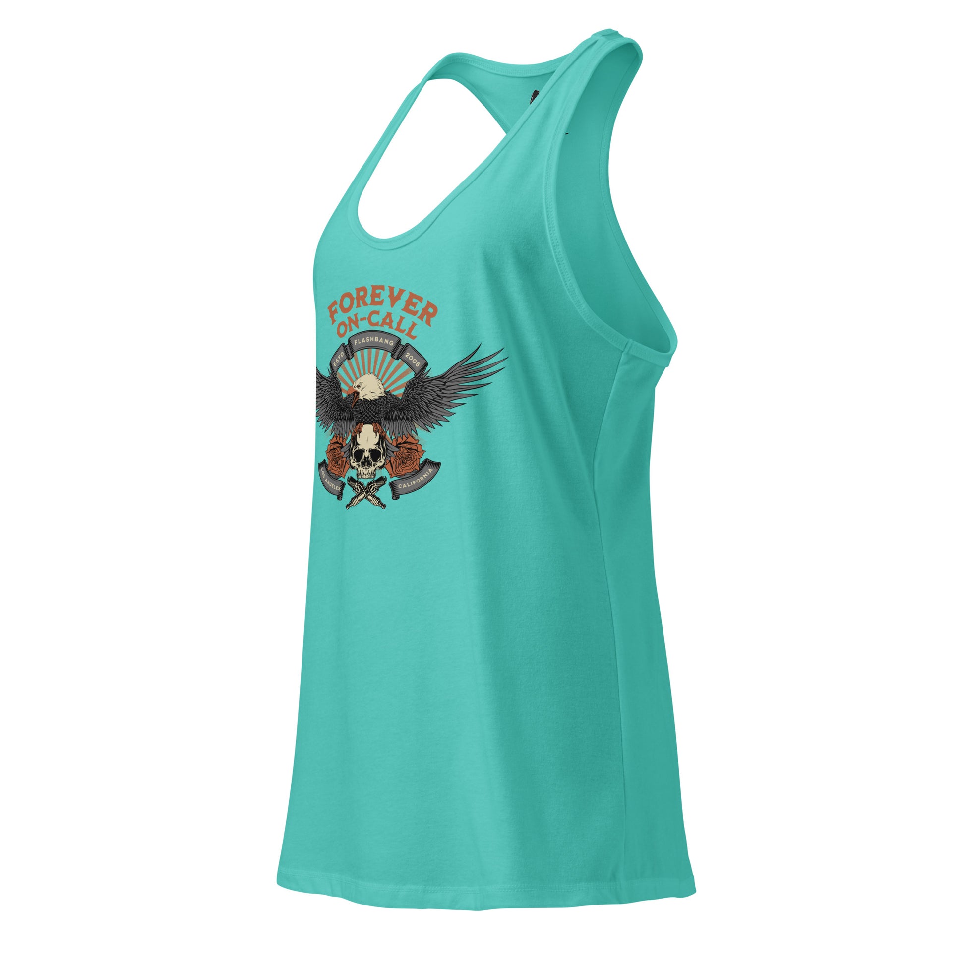 Turquoise tank top with an eagle and skull design on a white background