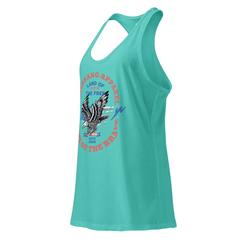 Turquoise tank top with eagle graphic and text on a white background