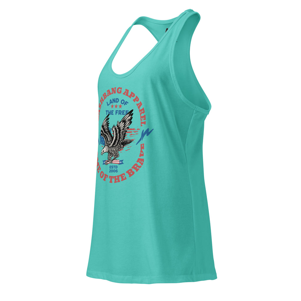 Turquoise tank top with eagle graphic and text on a white background