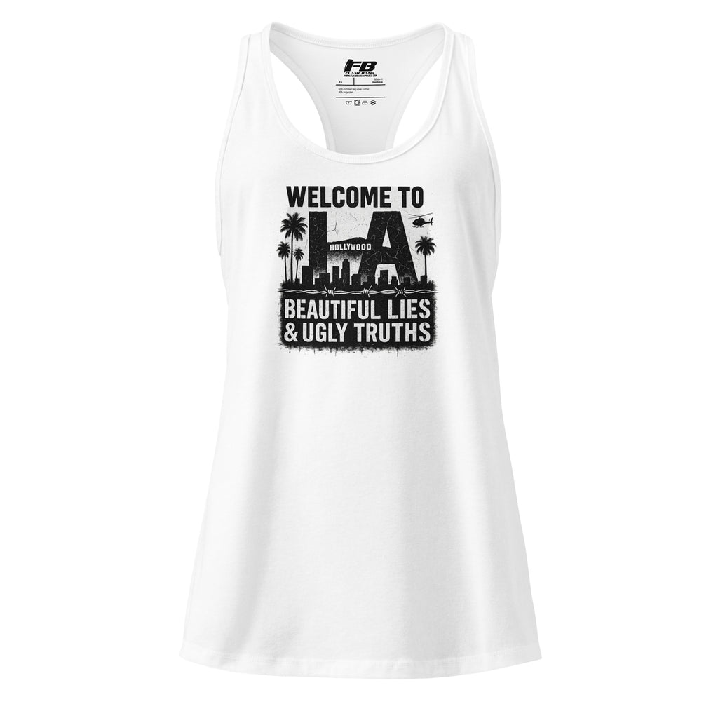 White tank top with black graphic and text on a white background
