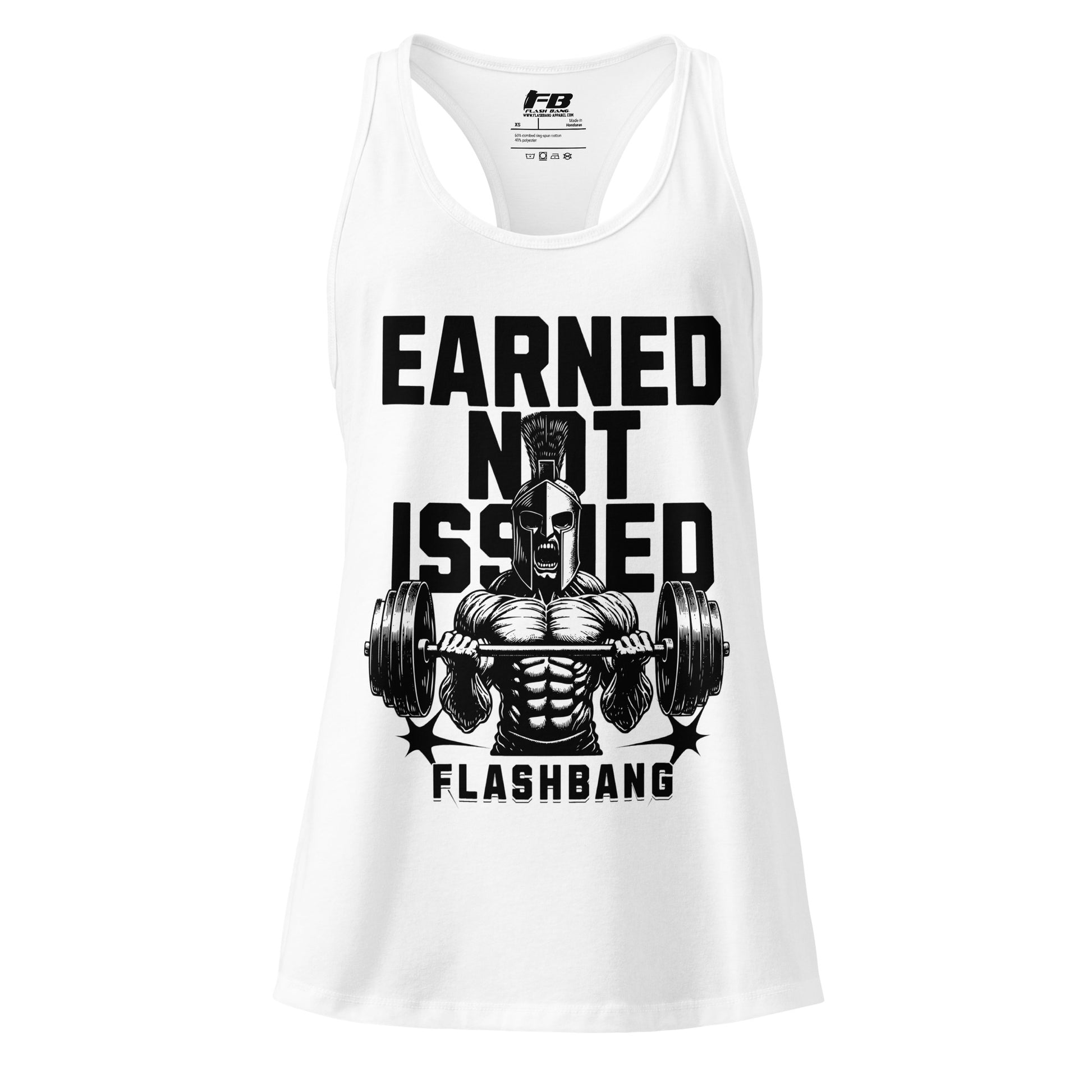 White tank top with graphic design and text on a white background