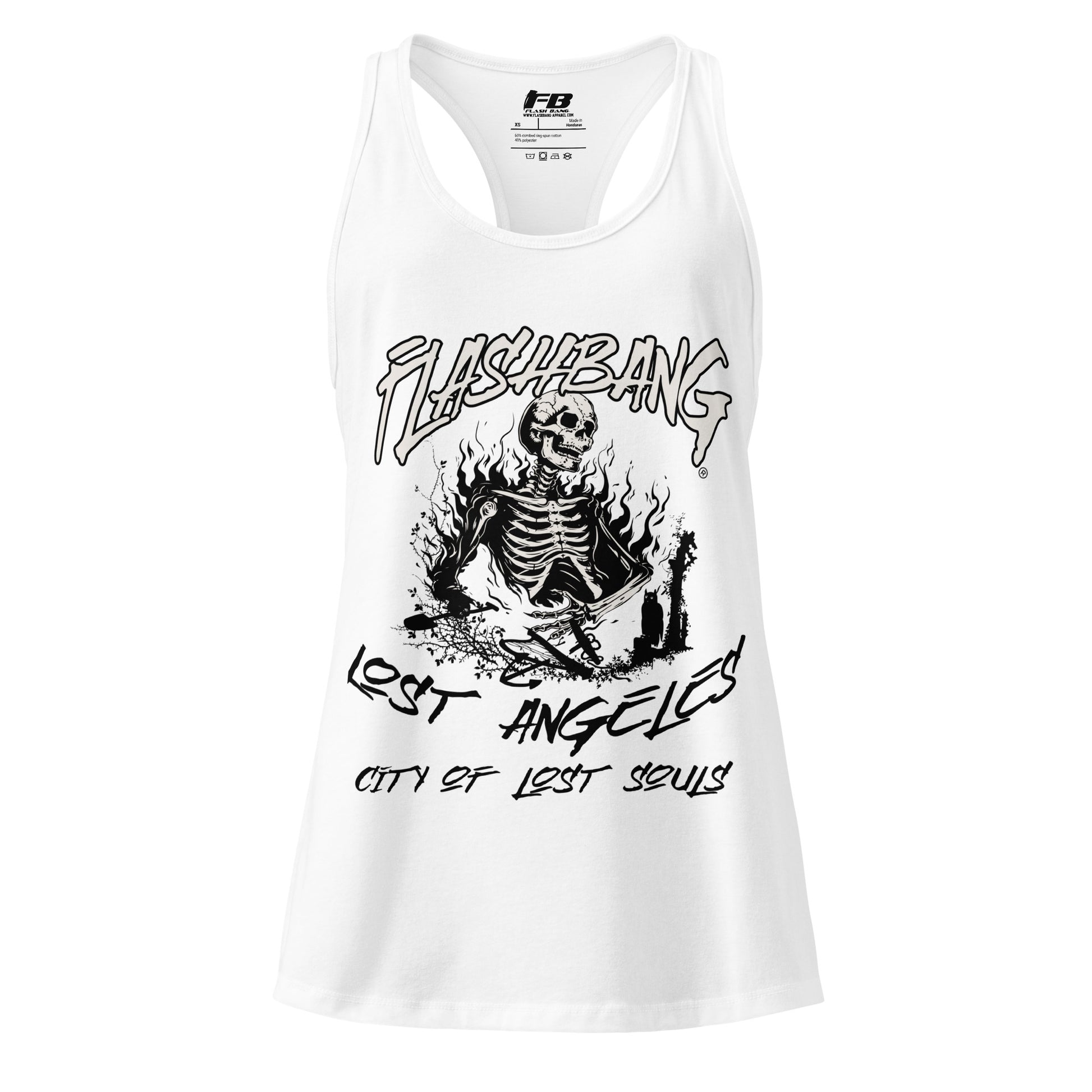 White tank top with black graphic design and text on a white background
