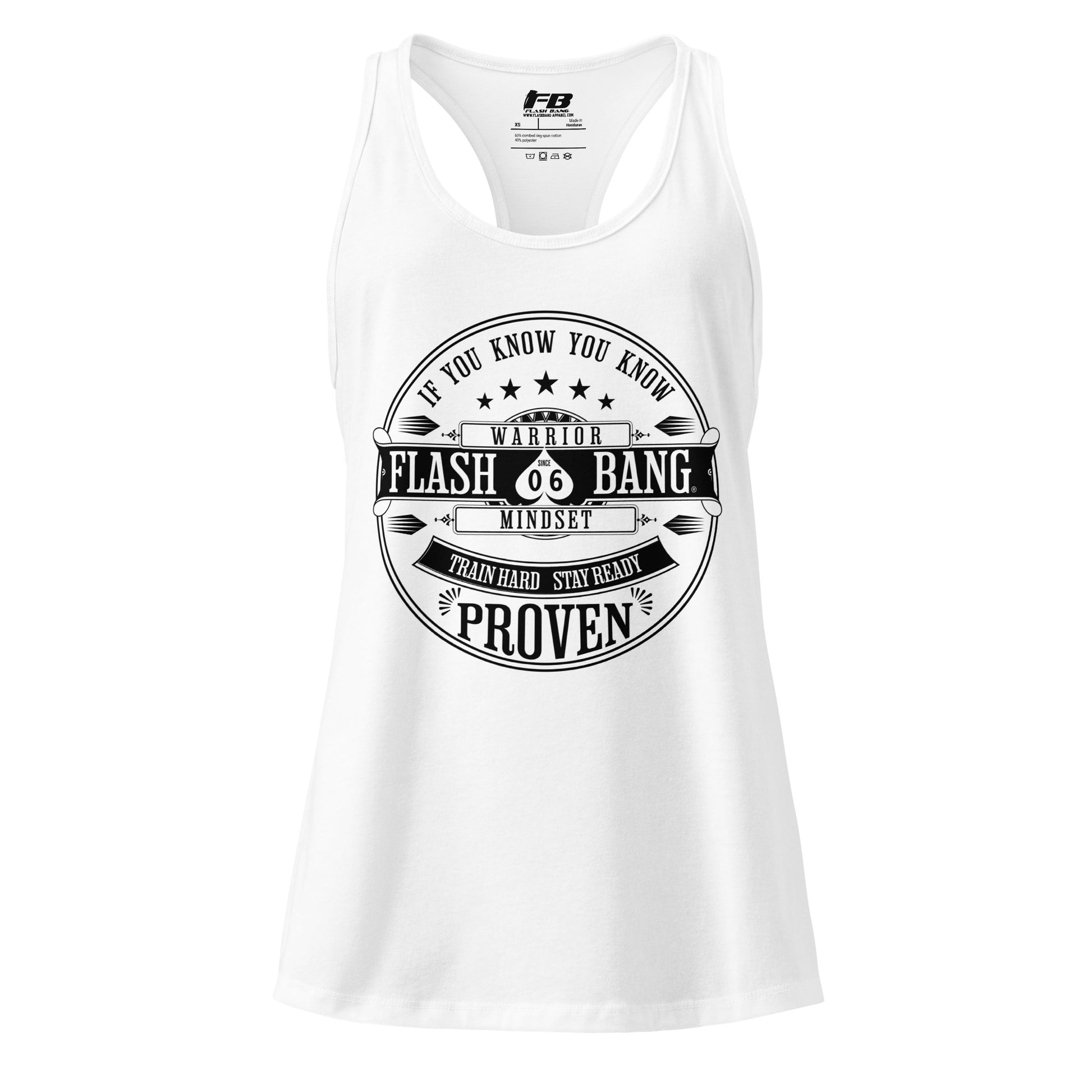 White tank top with black graphic design on a white background