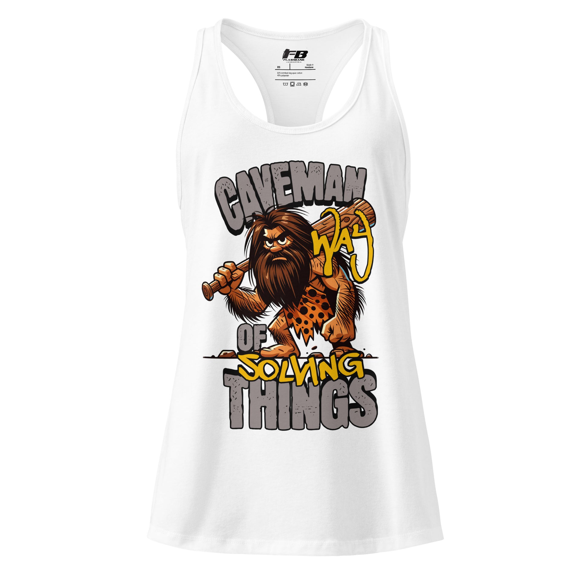 White tank top with a cartoon caveman design and text on a white background