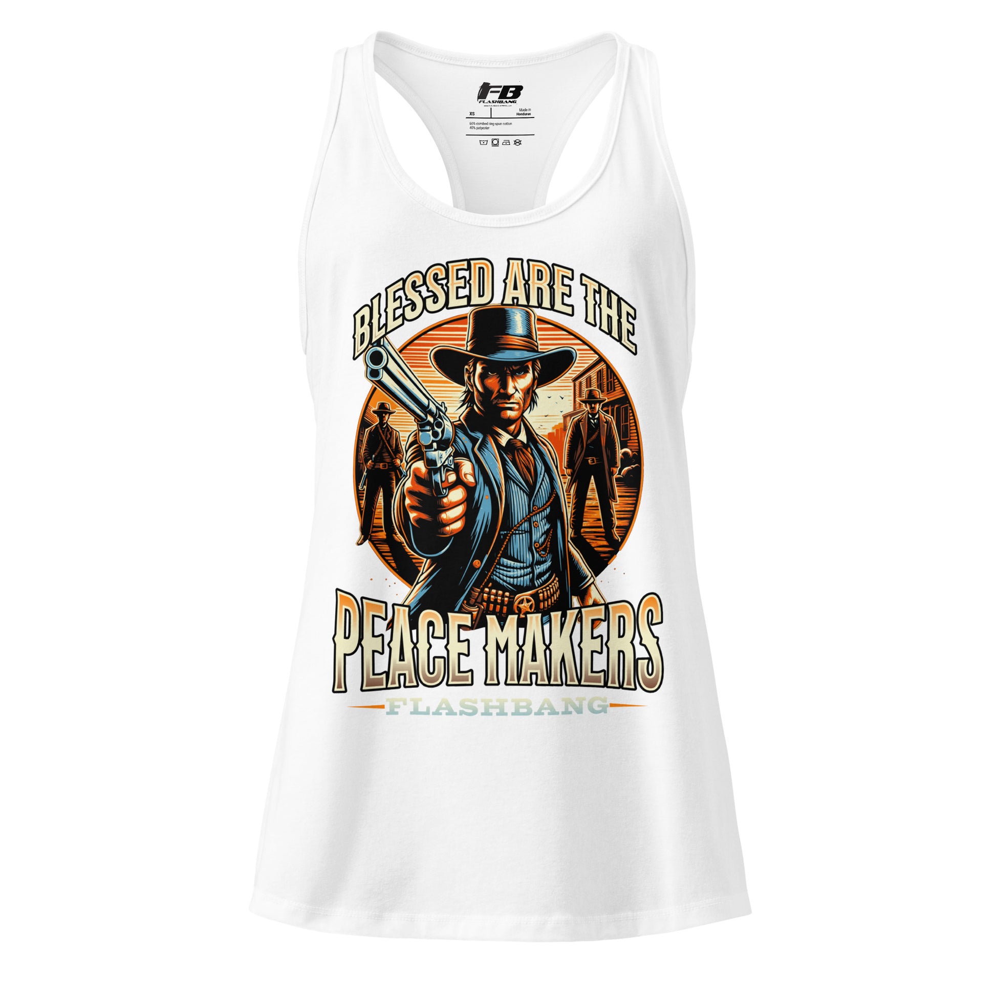 White tank top with a graphic design of a cowboy holding a gun and text 'Blessed are the Peacemakers' on a white background.