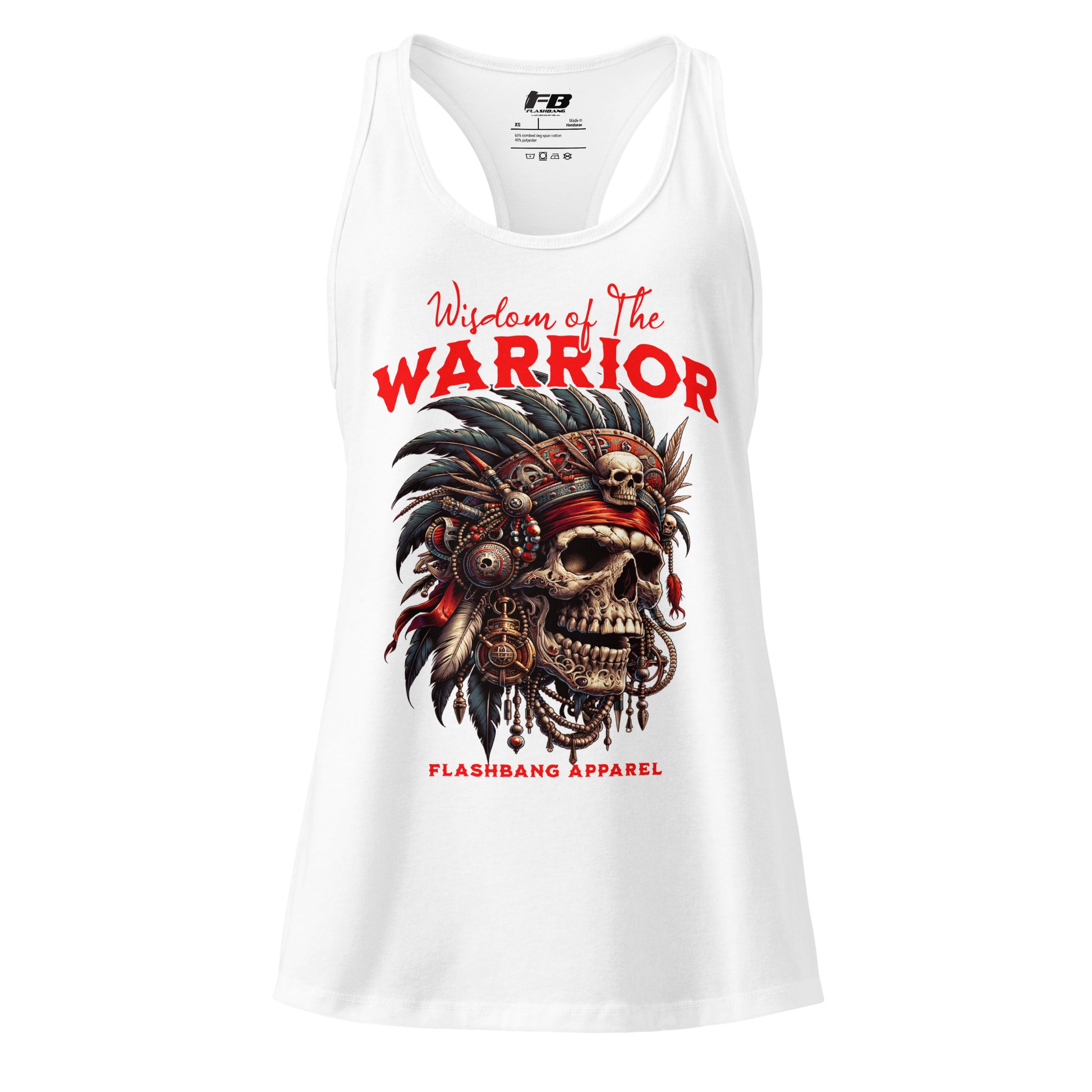 White tank top with warrior-themed design and 'Flashbang Apparel' branding on a white background