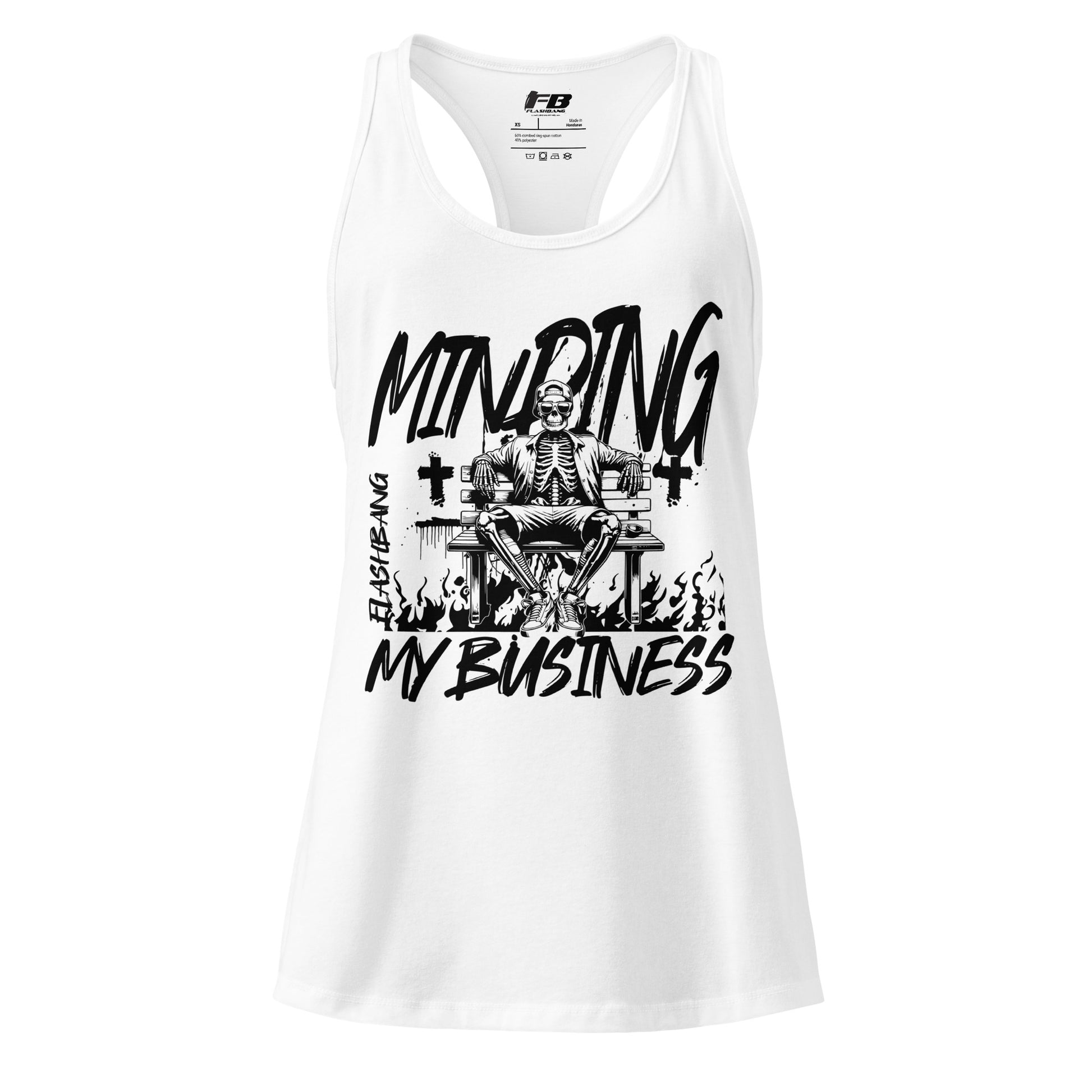 White tank top with black graphic design on a white background