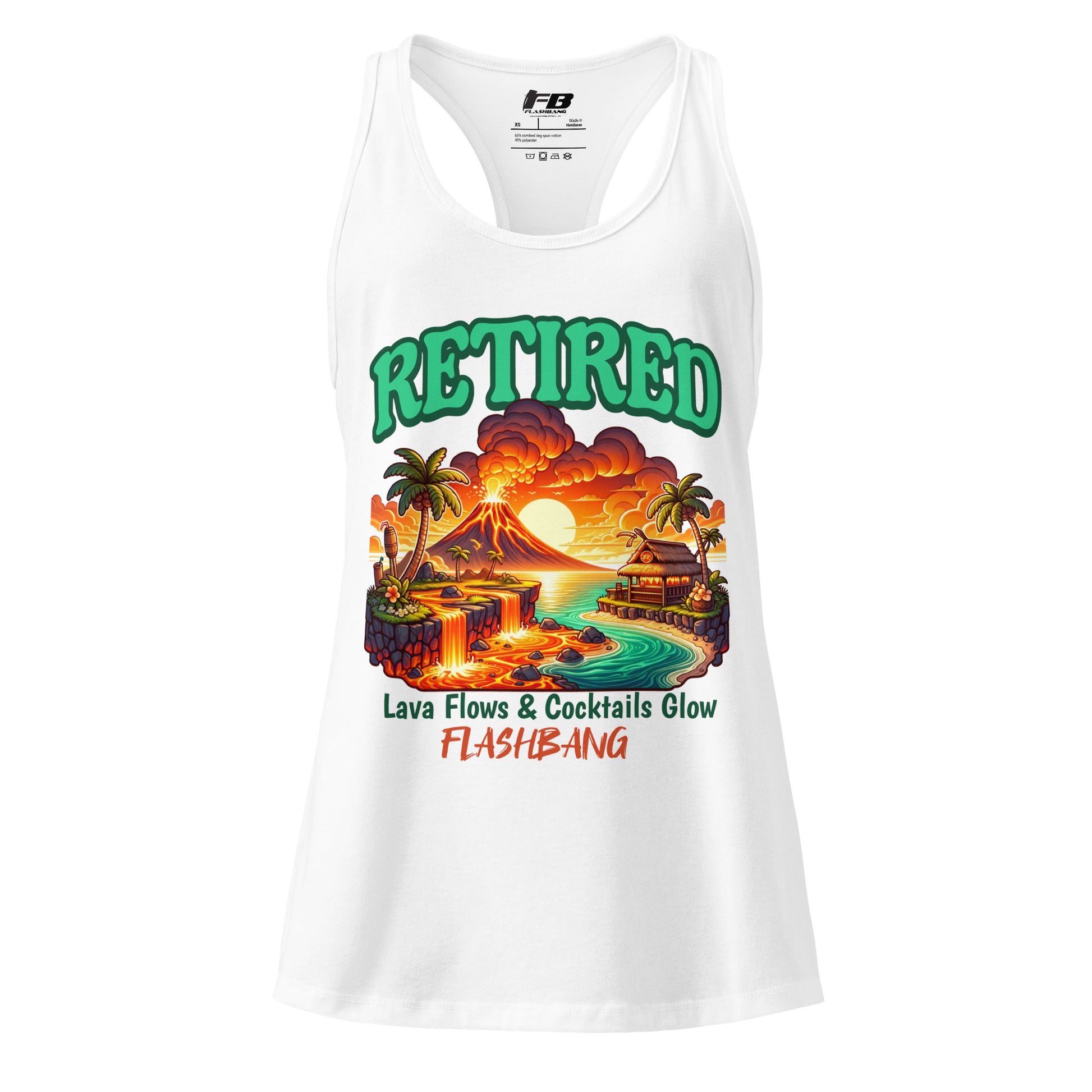 White tank top with a tropical design and text on a white background