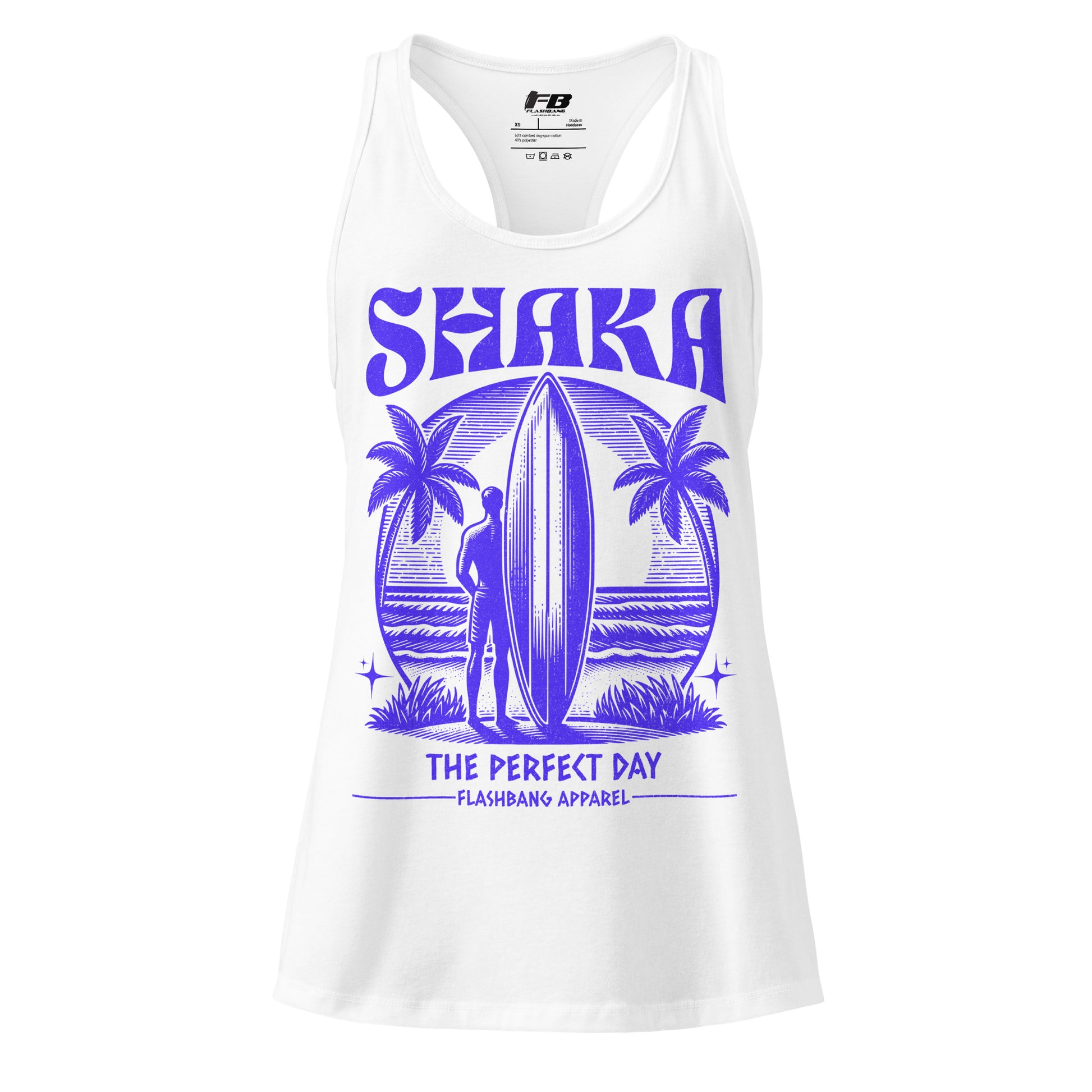 White tank top with purple 'Shaka The Perfect Day' design on a white background