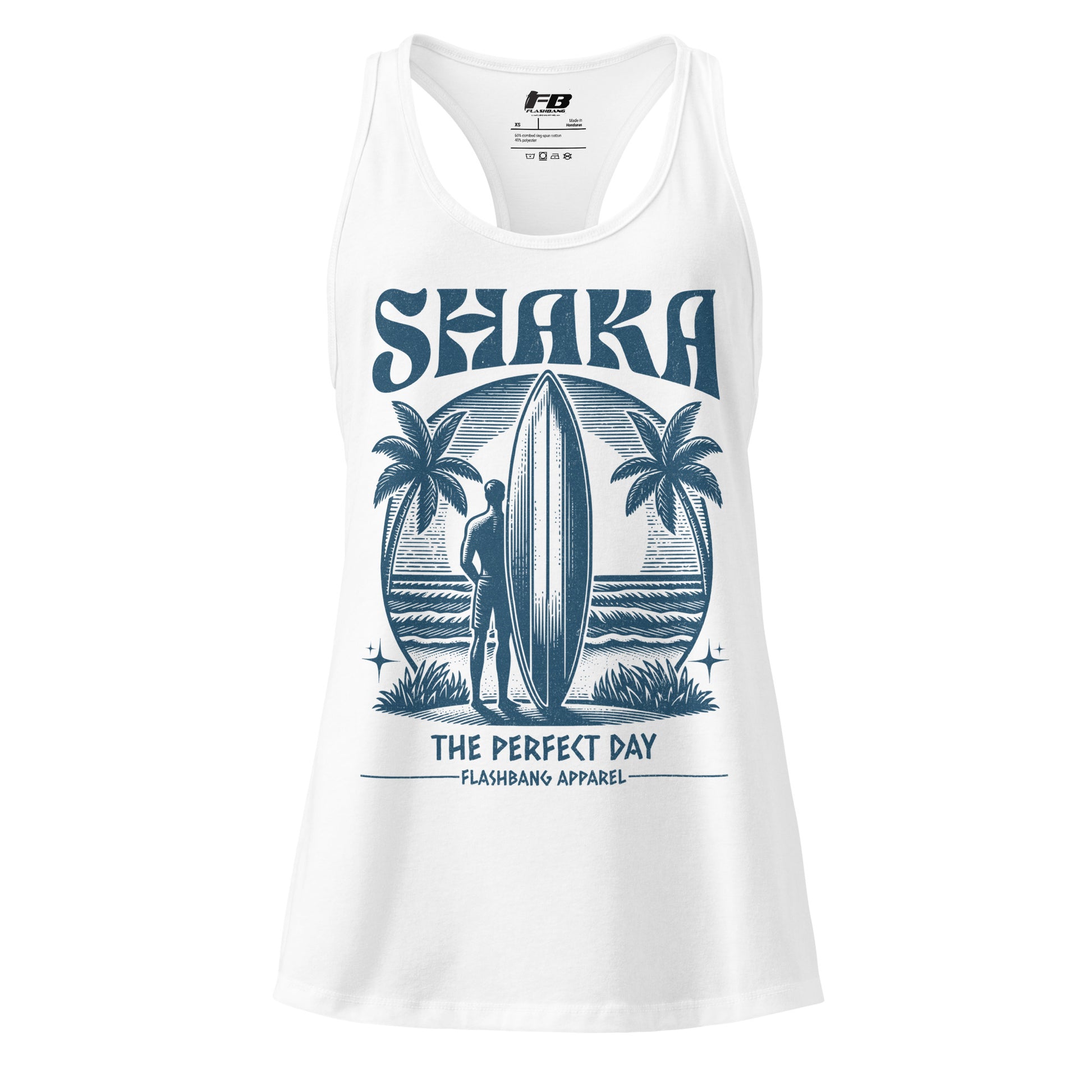 White tank top with blue graphic design featuring a surfer and palm trees on a white background.