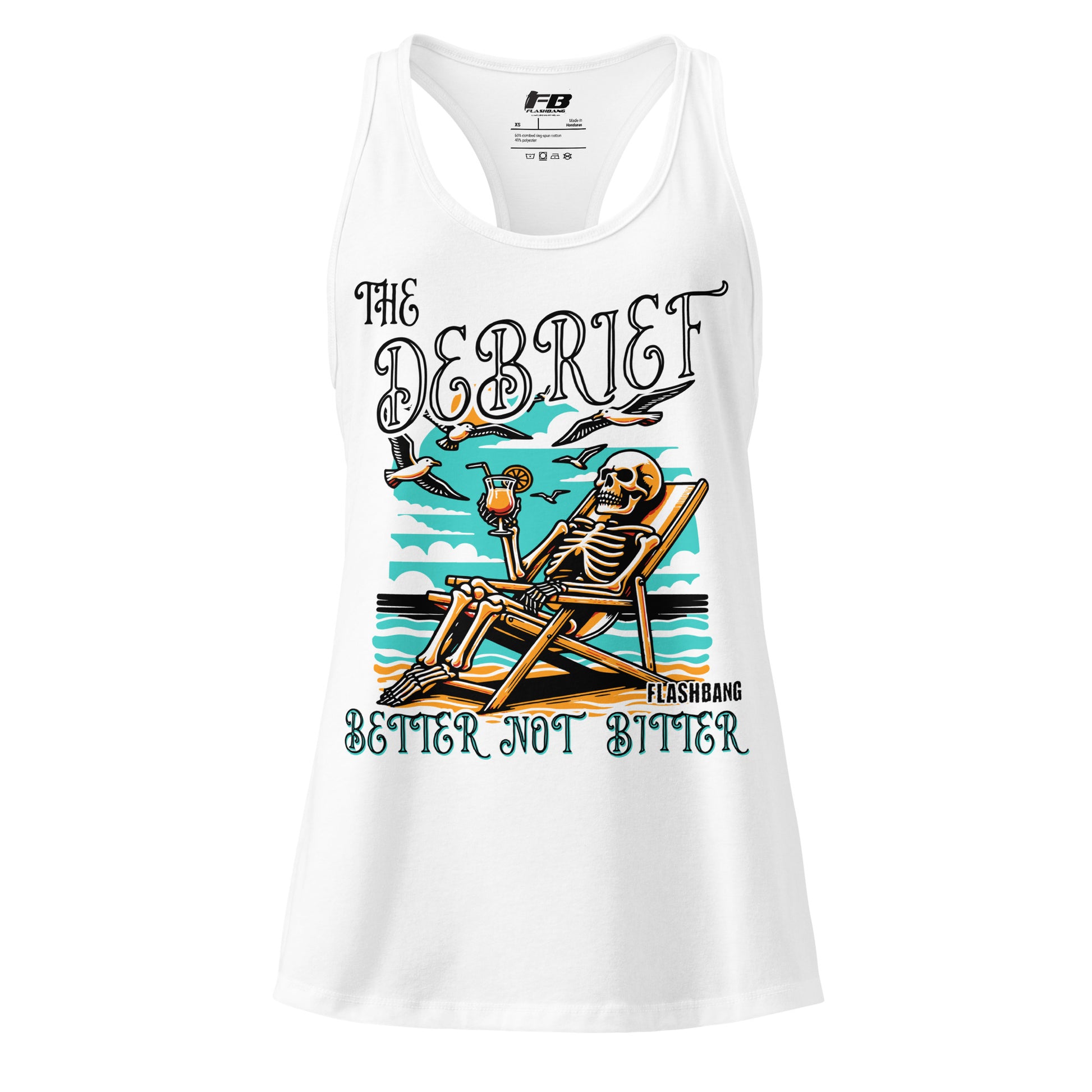 White tank top with a skeleton design and text on a white background