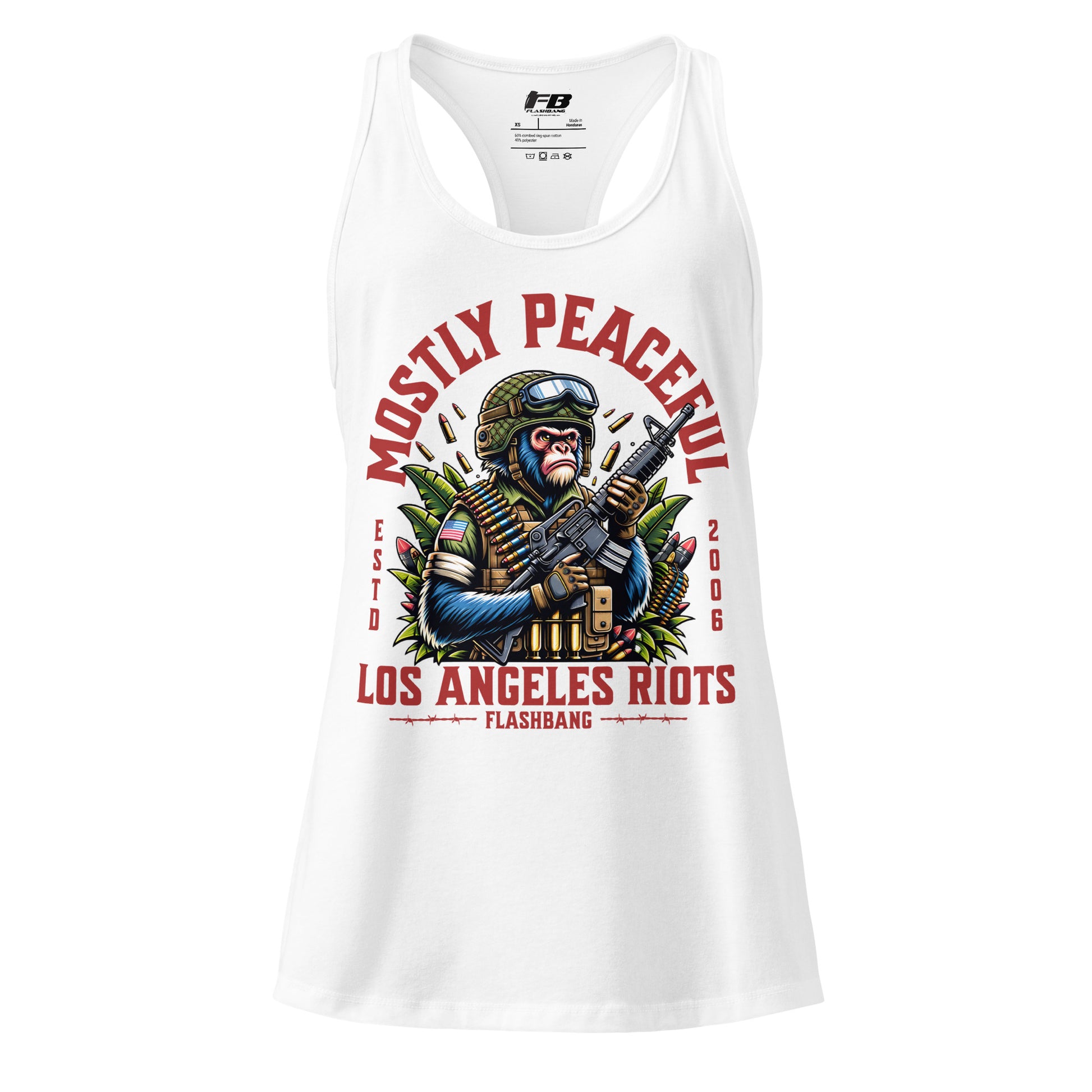 White tank top with graphic design featuring a monkey holding a gun and text on a white background