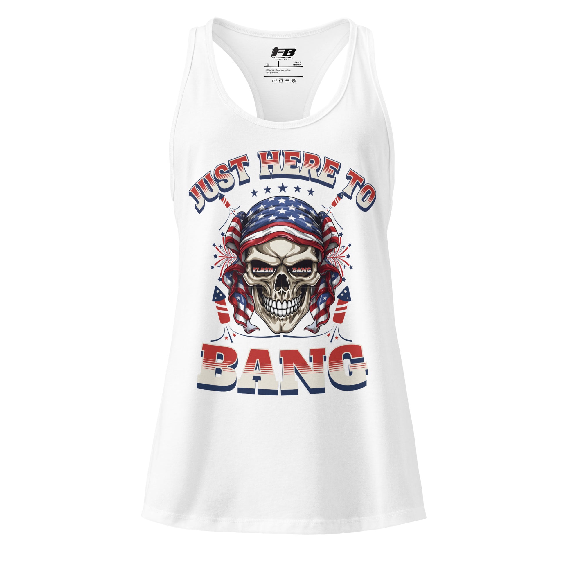 White tank top with skull and American flag design on a white background