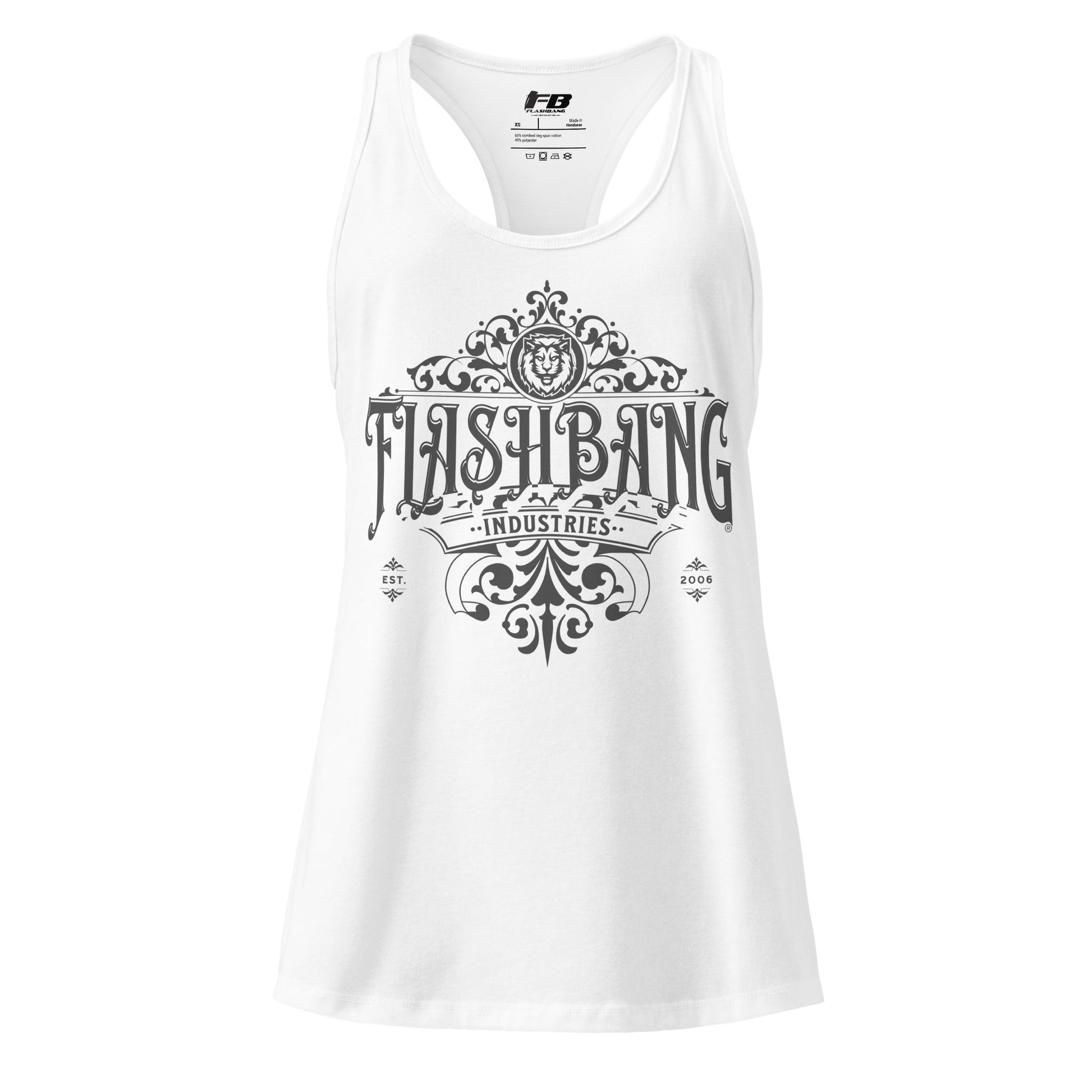 White tank top with black 'Flashbang Industries' logo on a white background