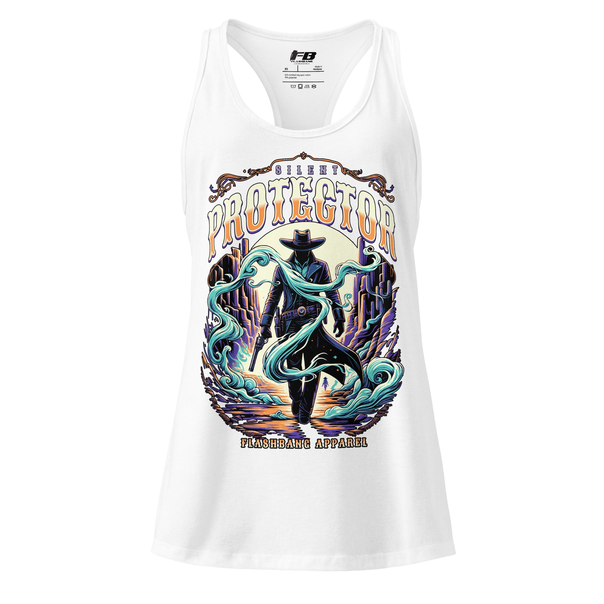 White tank top with a colorful graphic design featuring a cowboy and text on a white background