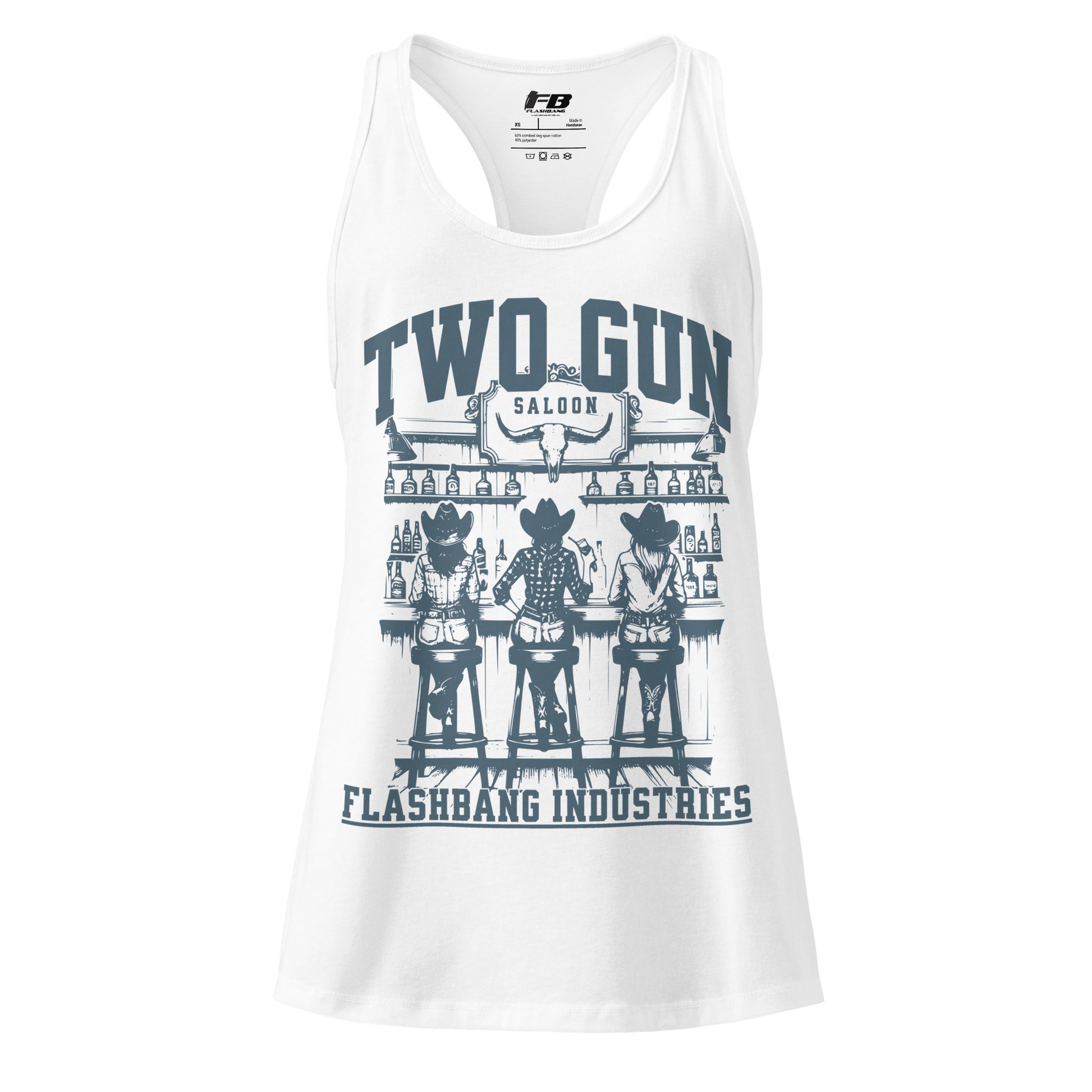 White tank top with graphic design and 'Two Gun Saloon' text on a white background