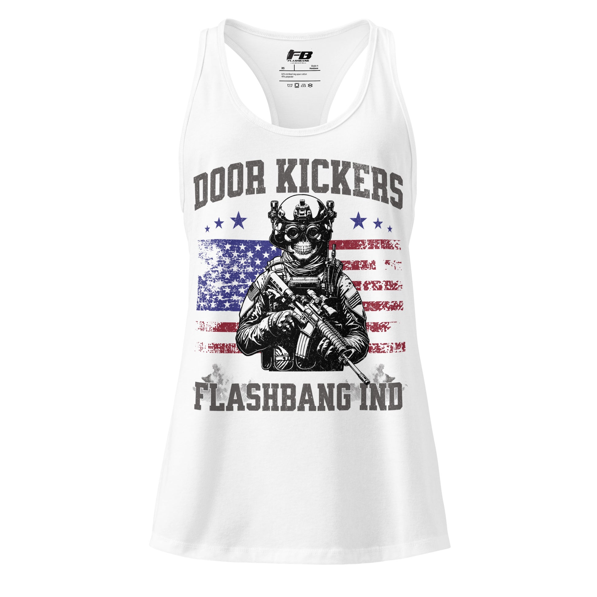 White tank top with graphic design and text on a white background