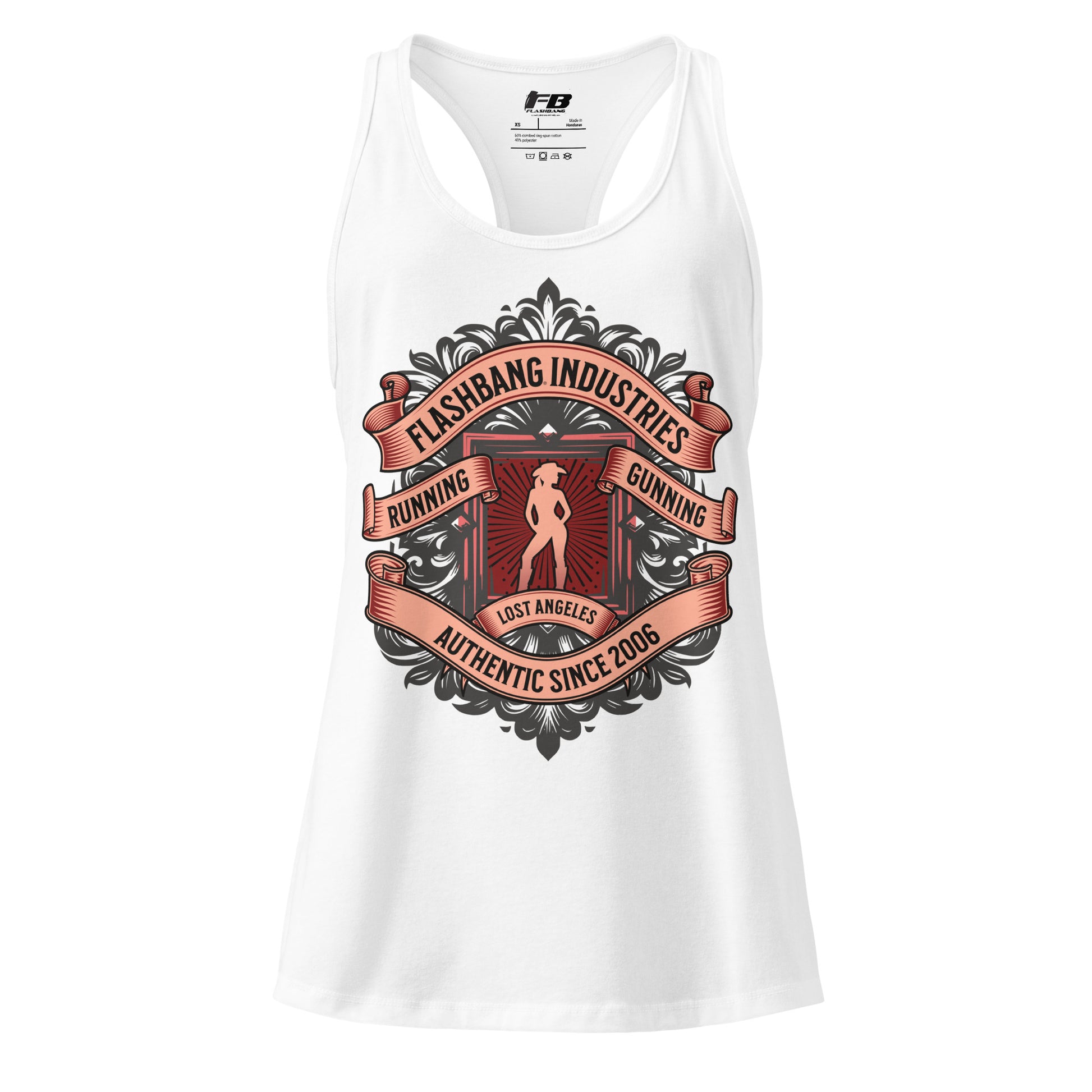 White tank top with a graphic design on a white background