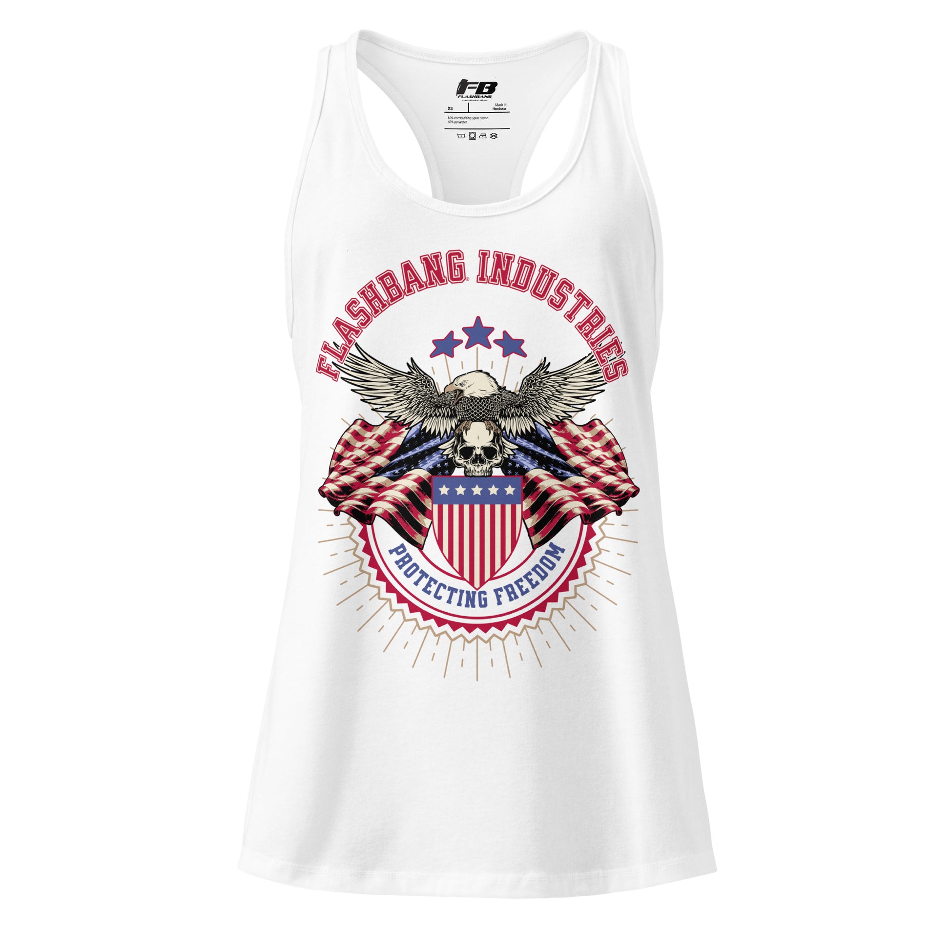 White tank top with patriotic design and 'Flashbang Industries' branding on a white background