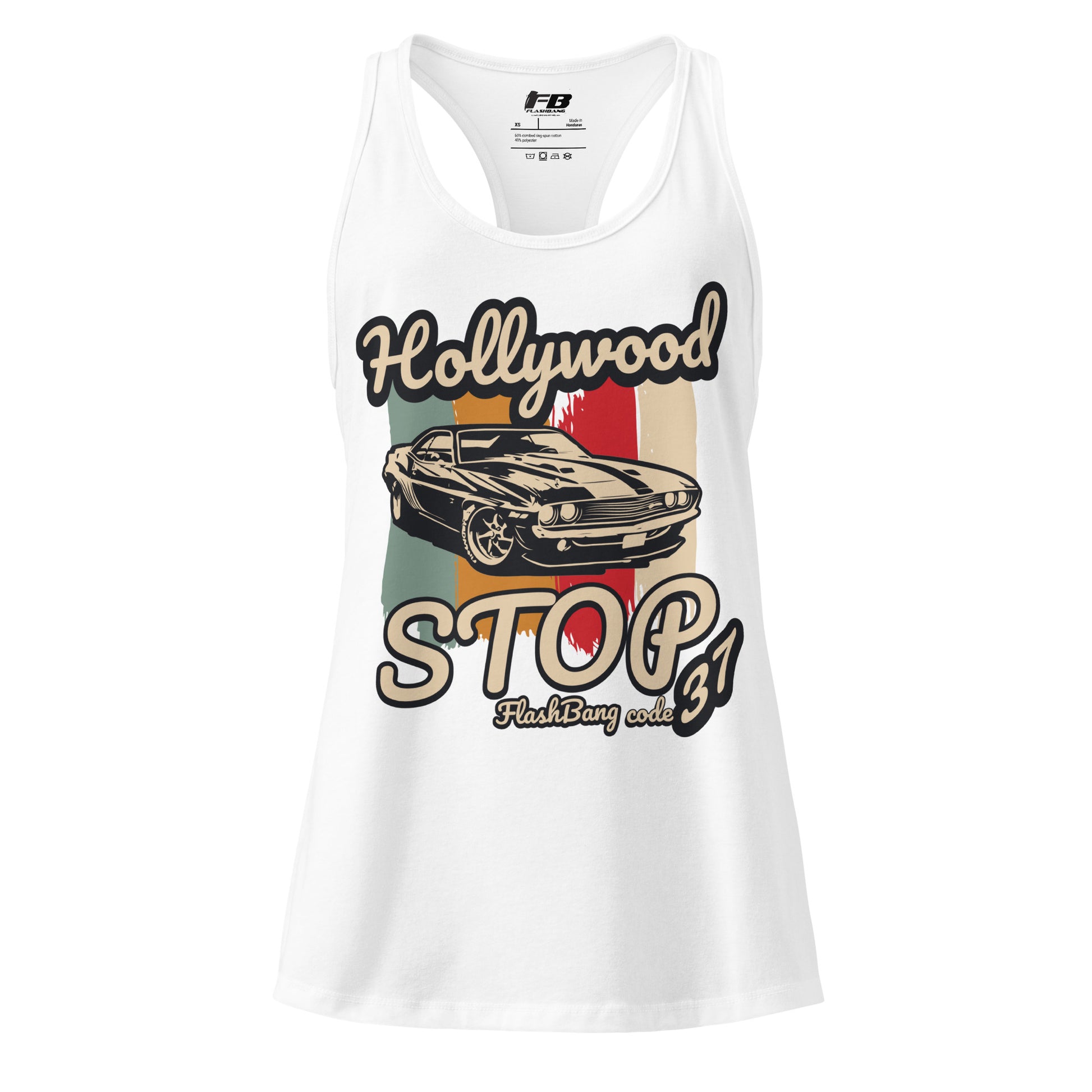 White tank top with vintage car graphic and 'Hollywood Stop' text on a white background
