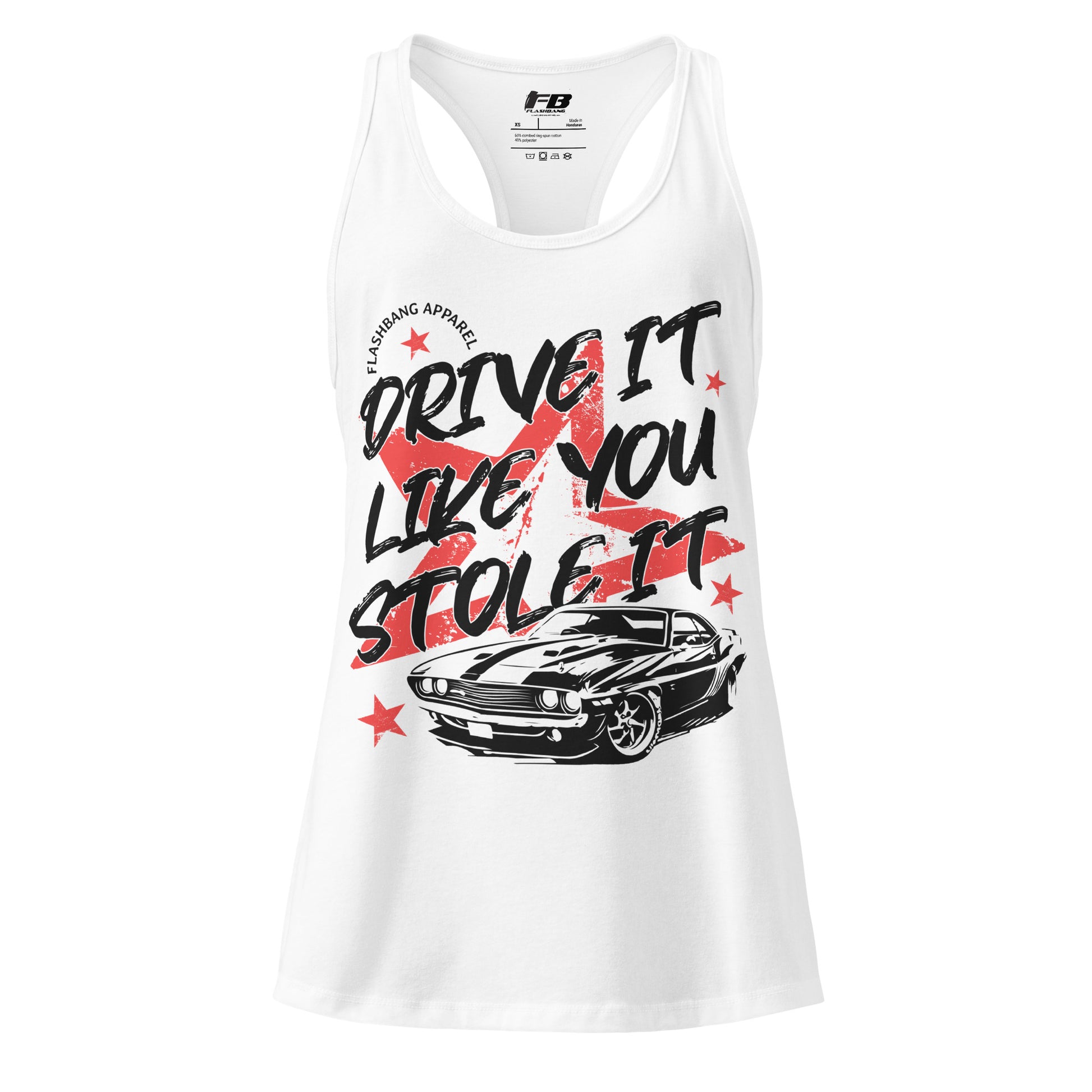 White tank top with graphic design and text on a white background
