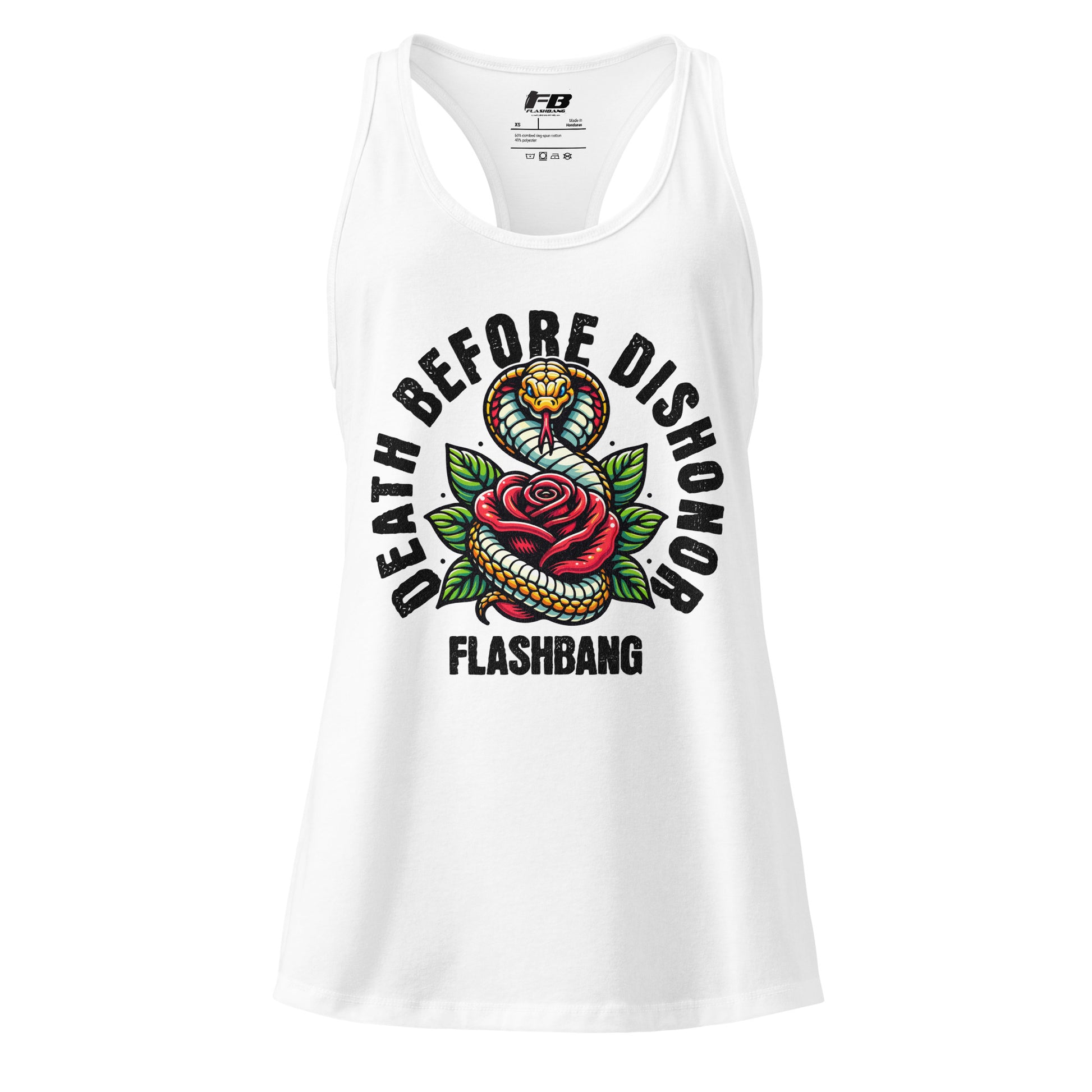 White tank top with 'Death Before Dishonor' graphic design on a white background