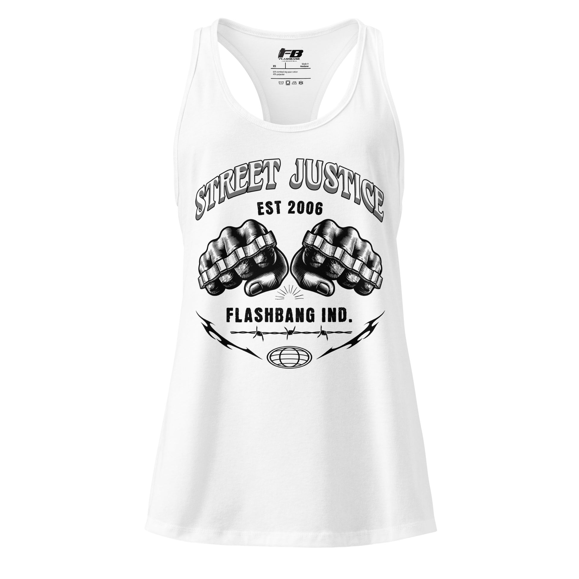 White tank top with black graphic design and text on a white background