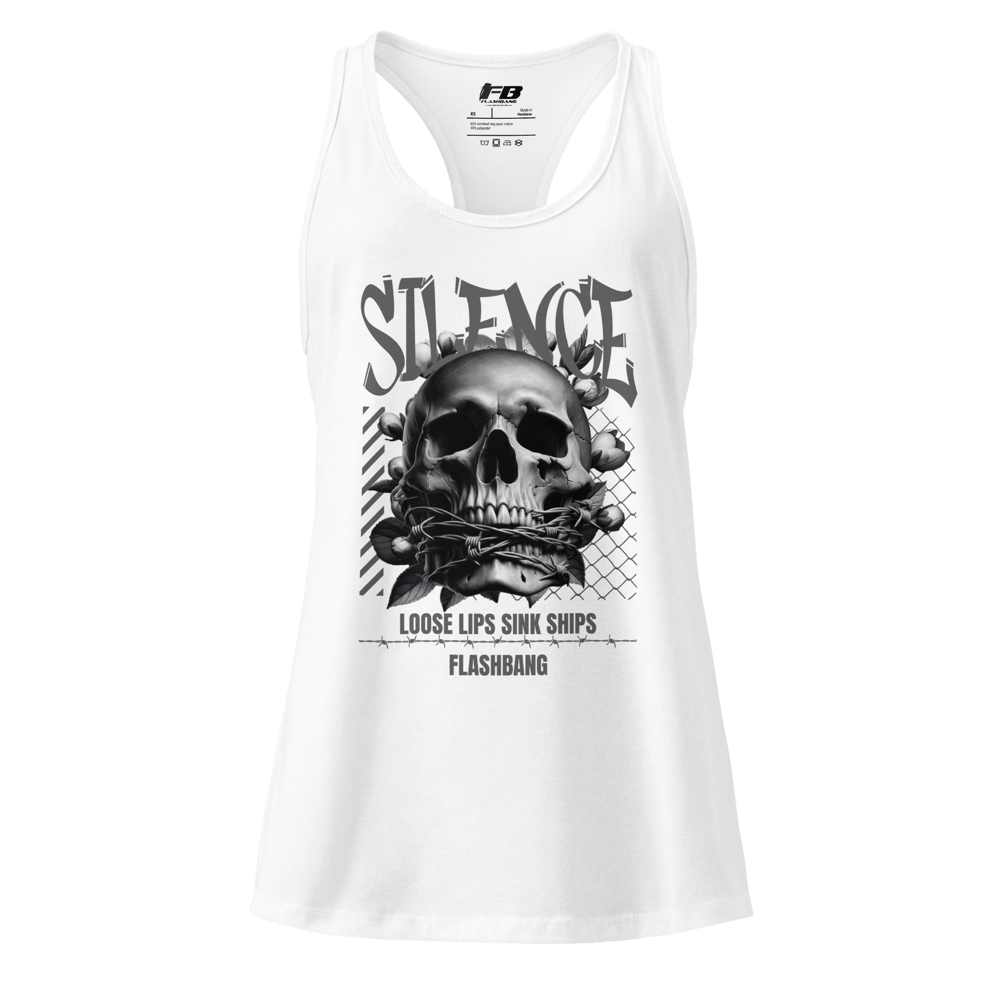 White tank top with a skull graphic and text on a white background