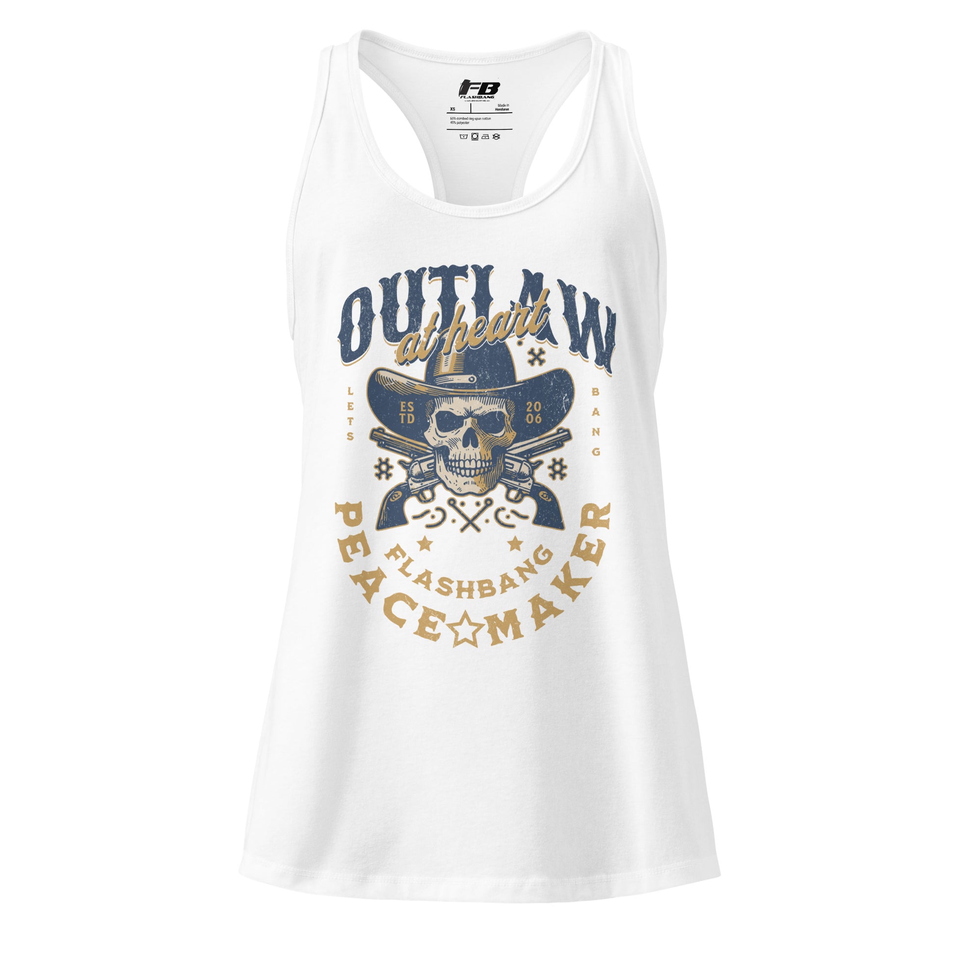 White tank top with skull and text design on a white background
