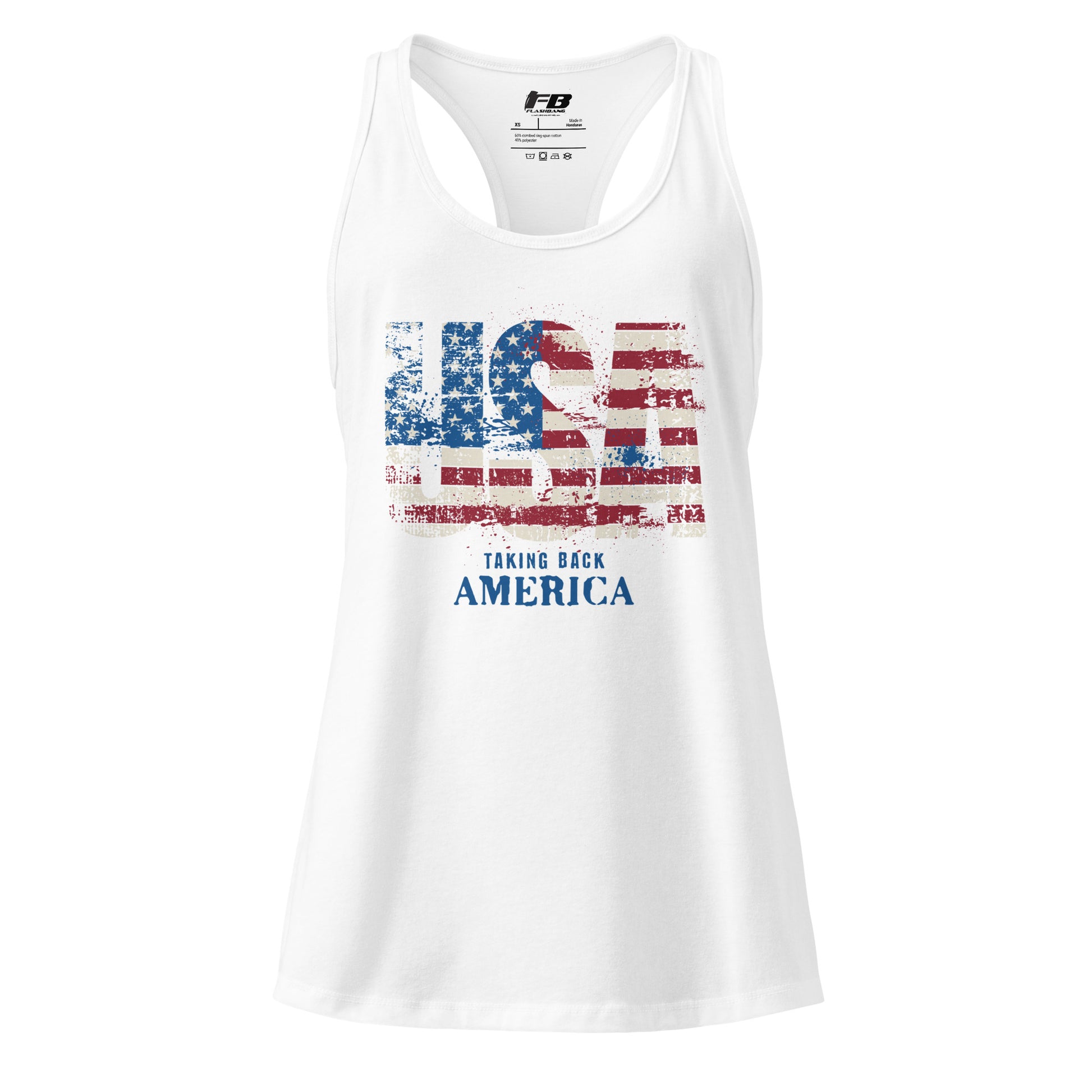 White tank top with American flag design and text on a white background