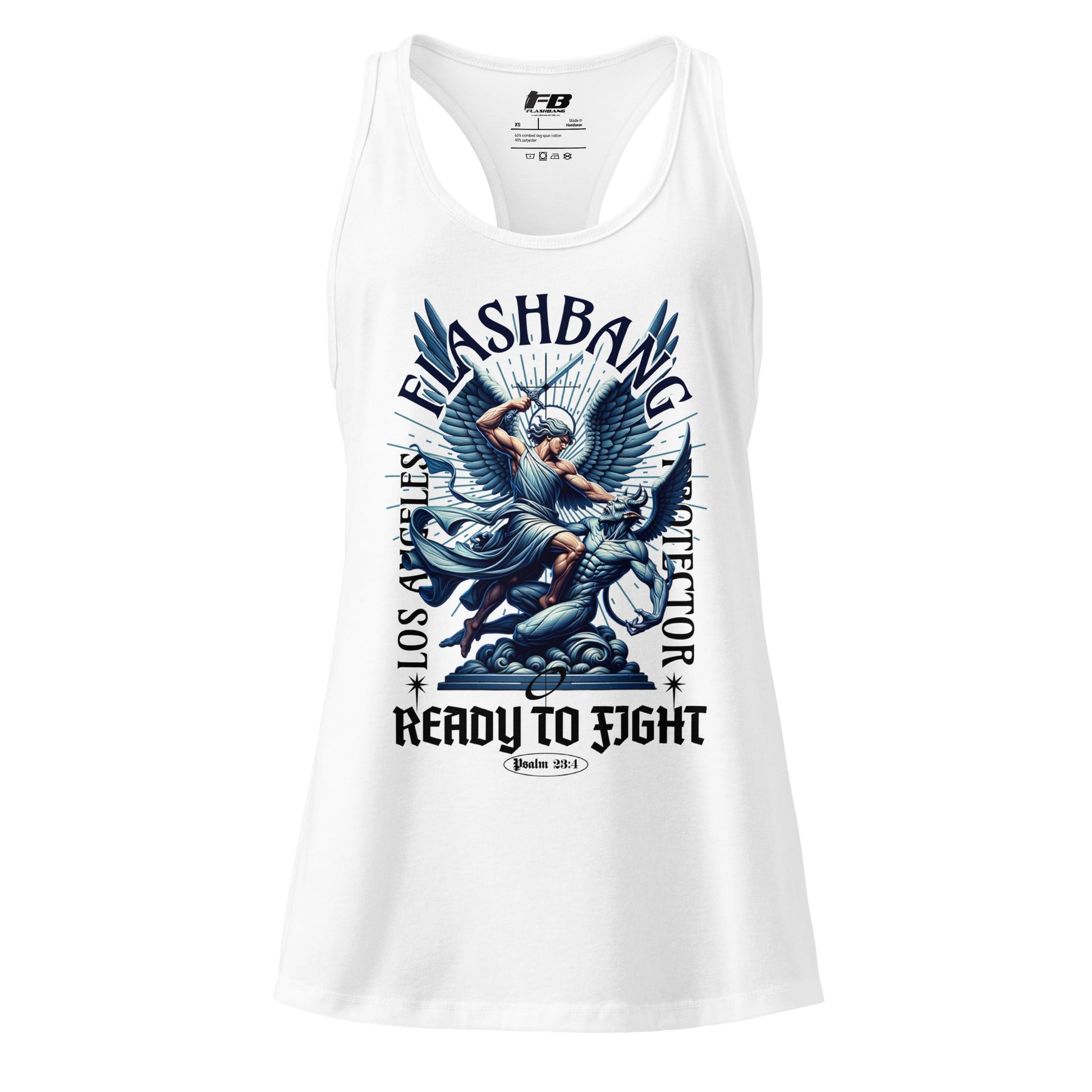 White tank top with graphic design and text on a white background