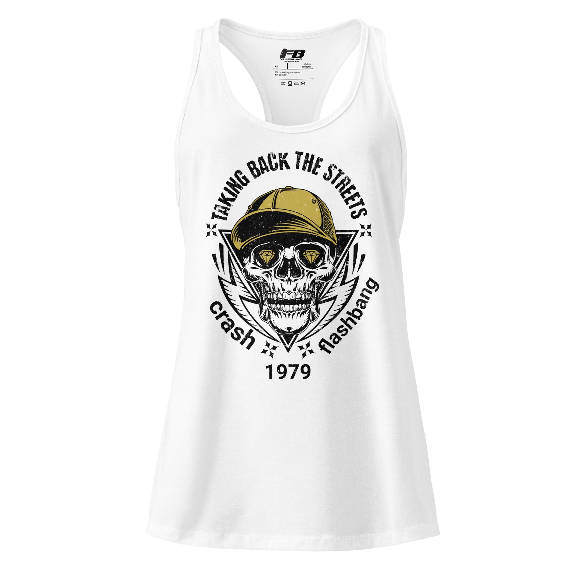 White tank top with skull and text design on a white background