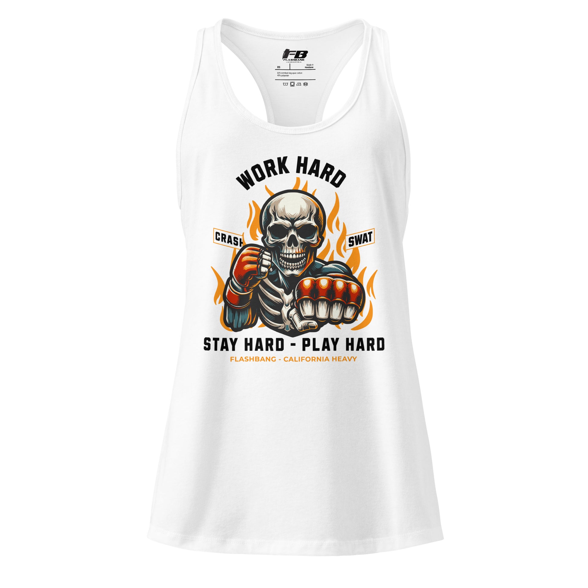 White tank top with a skeleton graphic and motivational text on a white 