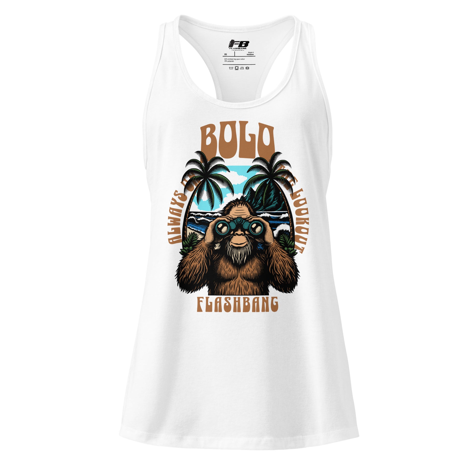 White tank top with a graphic of a sloth, palm trees, and text on a white background