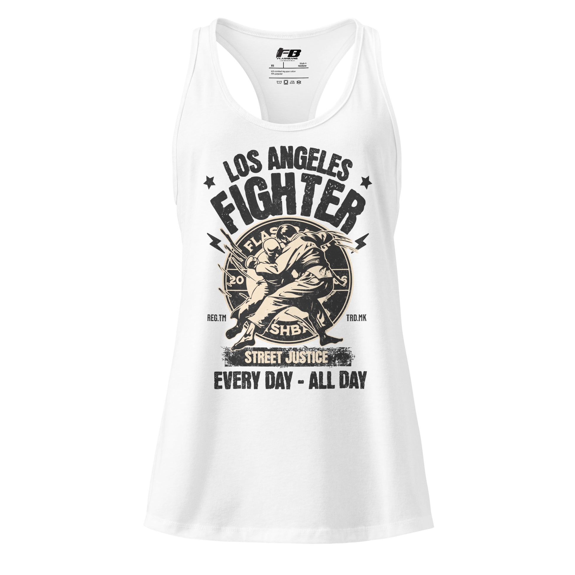 White tank top with 'Los Angeles Fighter' graphic design on a white background