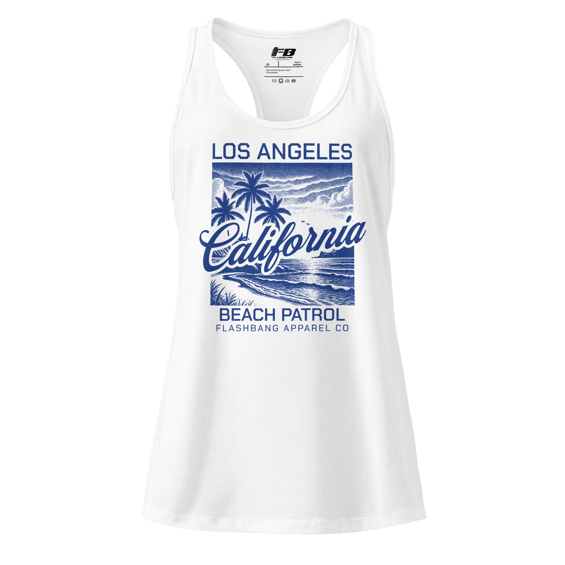 White tank top with 'Los Angeles California Beach Patrol' design on a white background