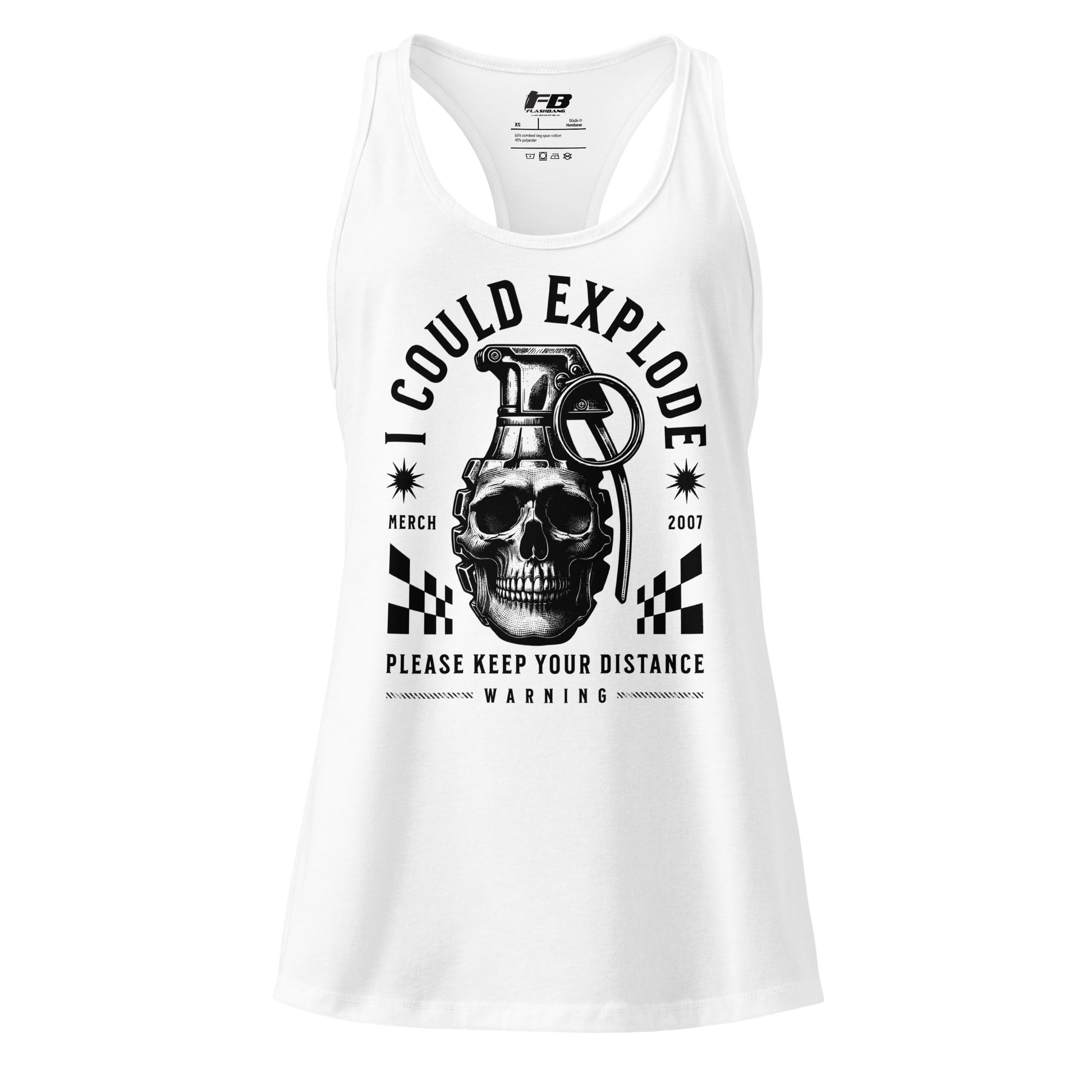 White tank top with black graphic design featuring a skull and grenade on a white background