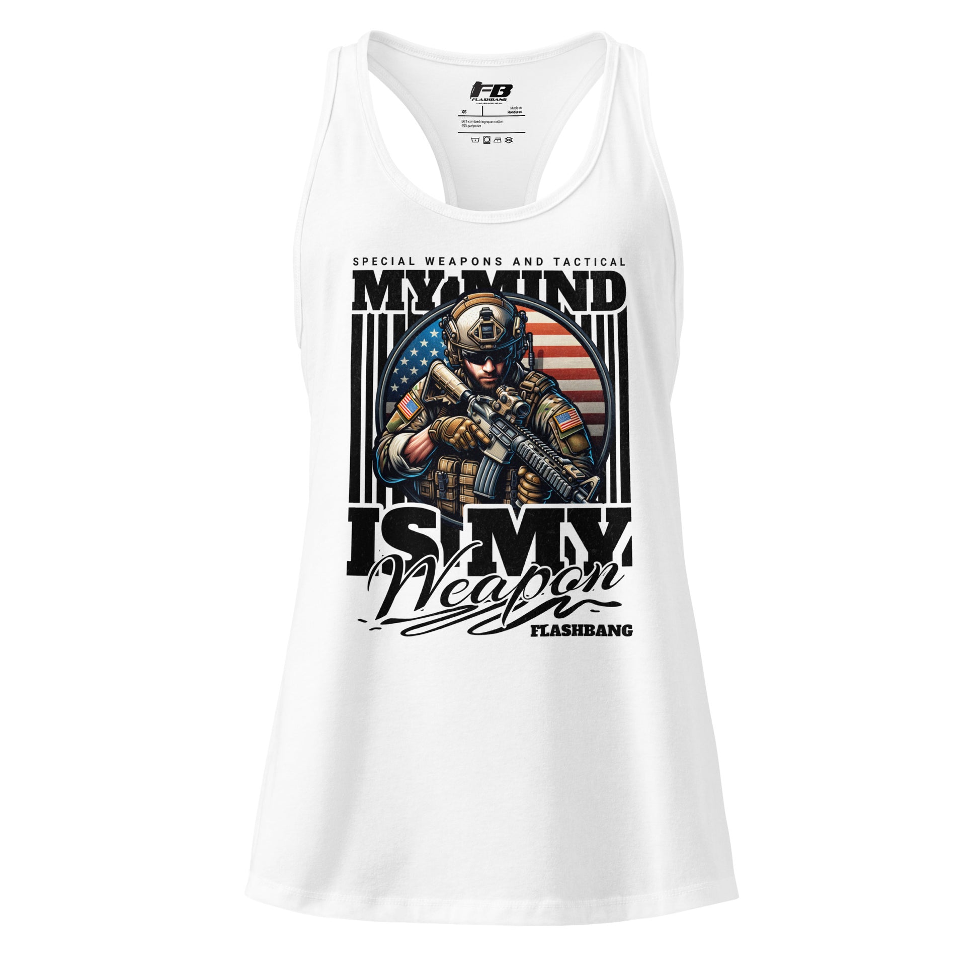 White tank top with graphic design and text on a white background