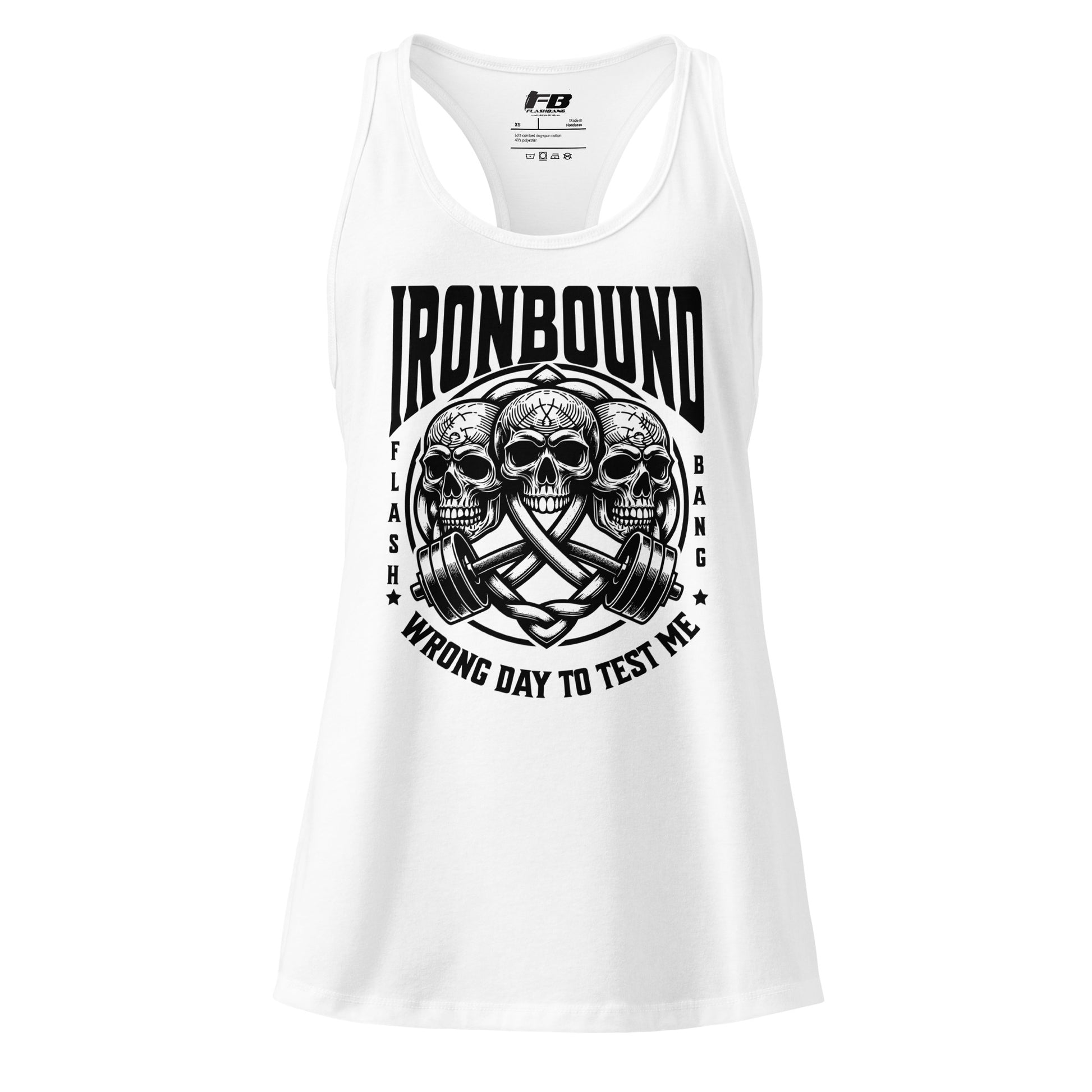 White tank top with black graphic design and text on a white background