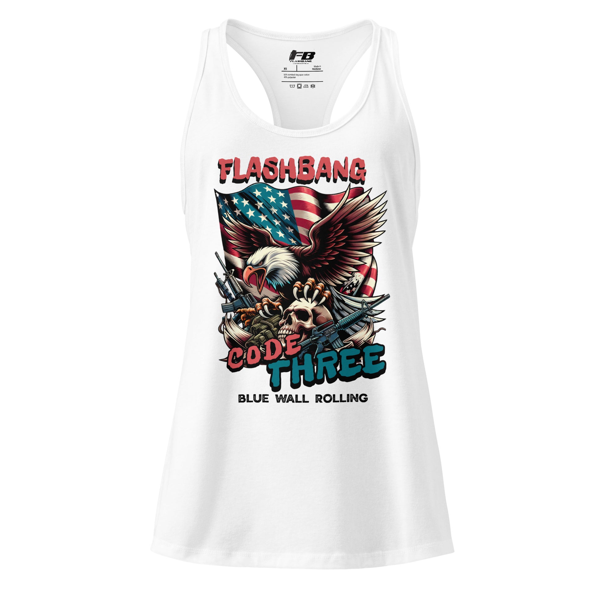 White tank top with graphic design and text on a white background