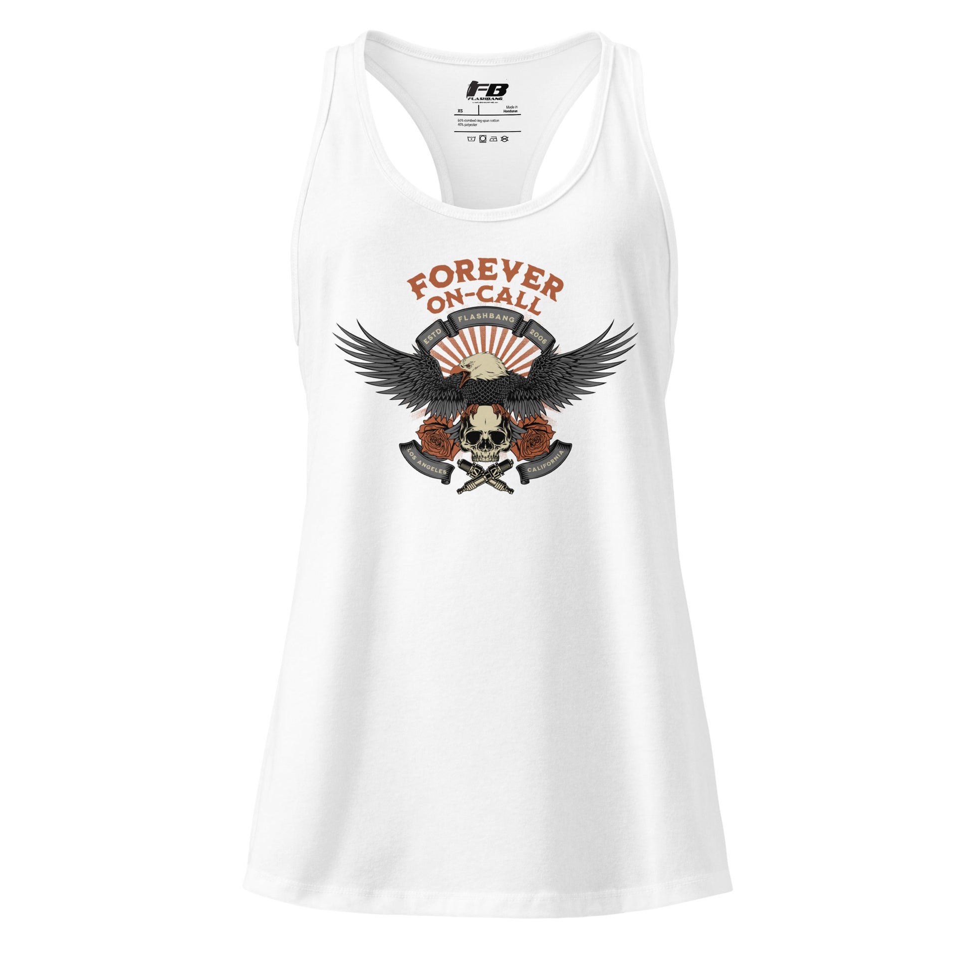 White tank top with eagle and skull design on a white background