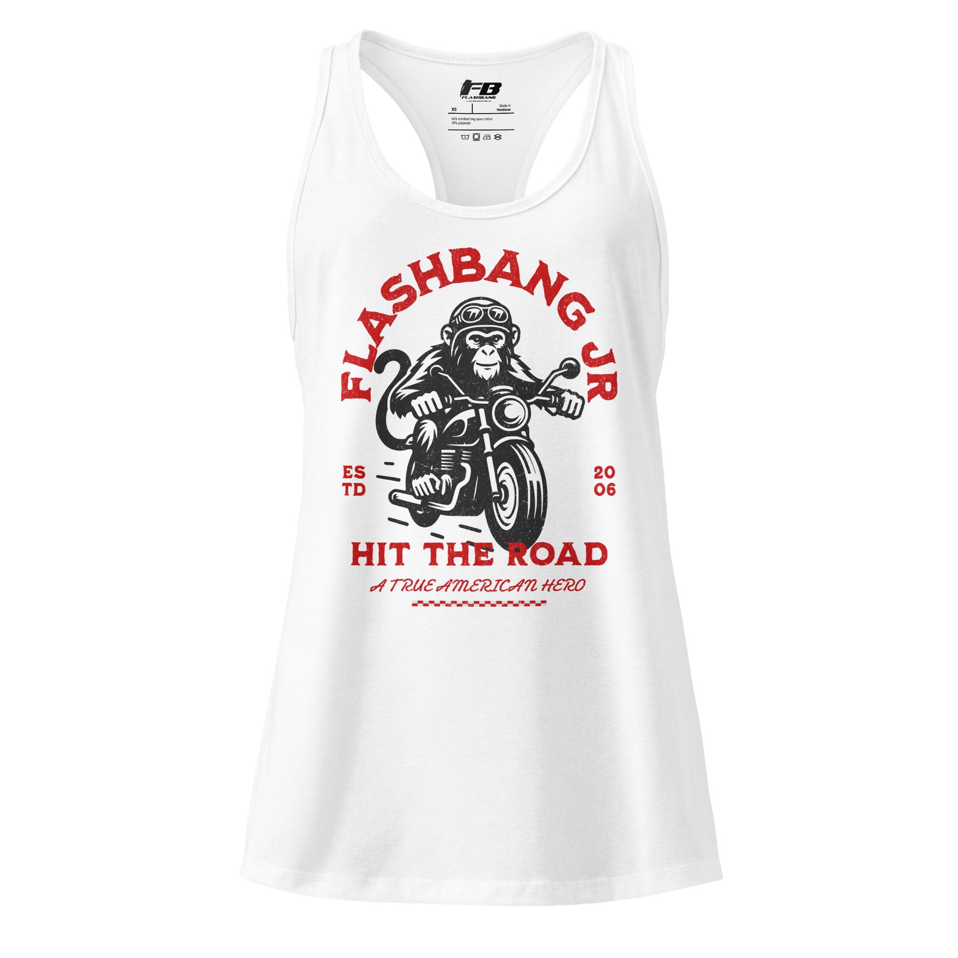 White tank top with red and black graphic design on a white background