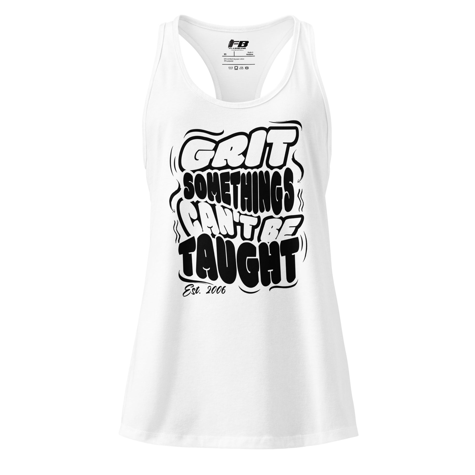 White tank top with black text on a white background