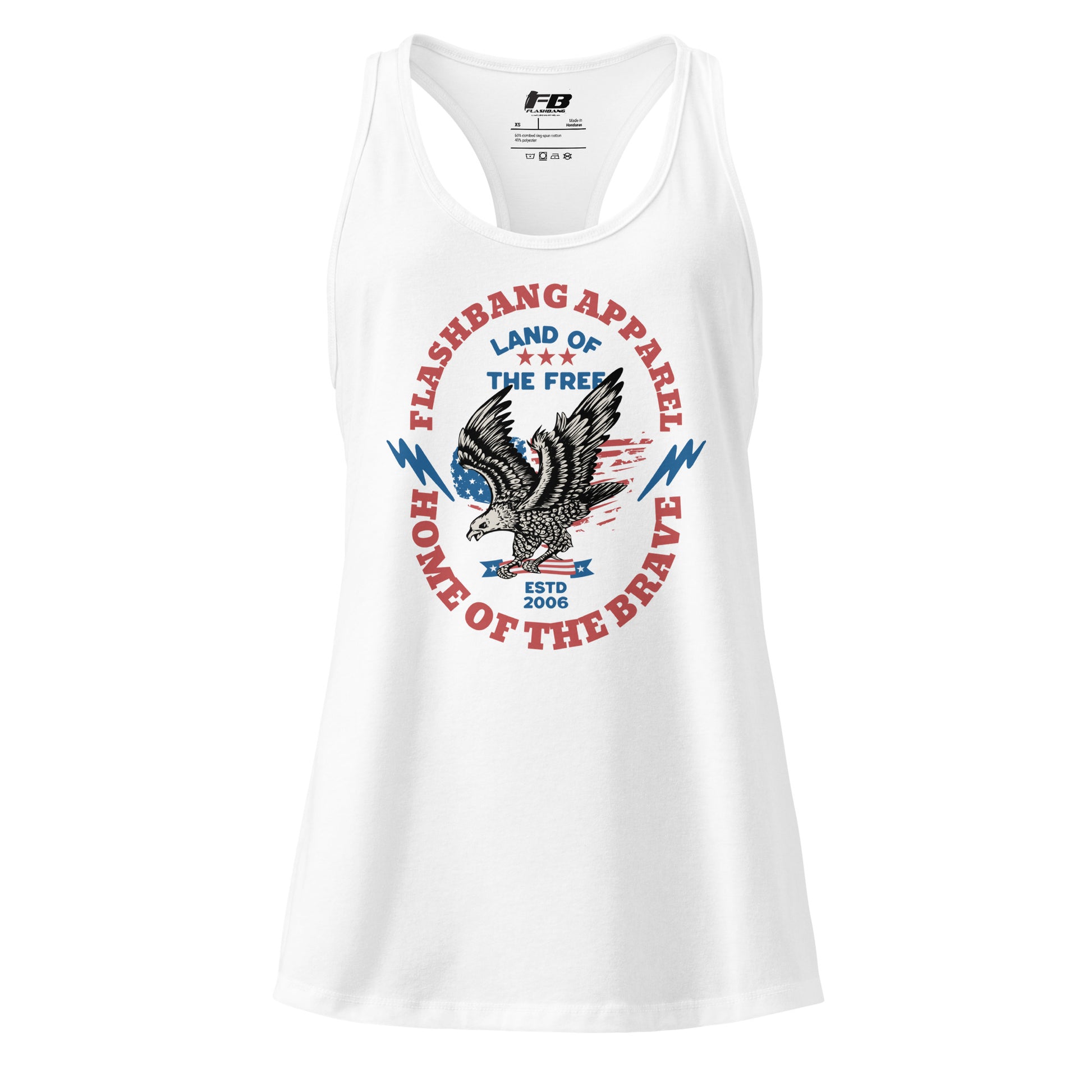 White tank top with patriotic eagle design and text on a white background