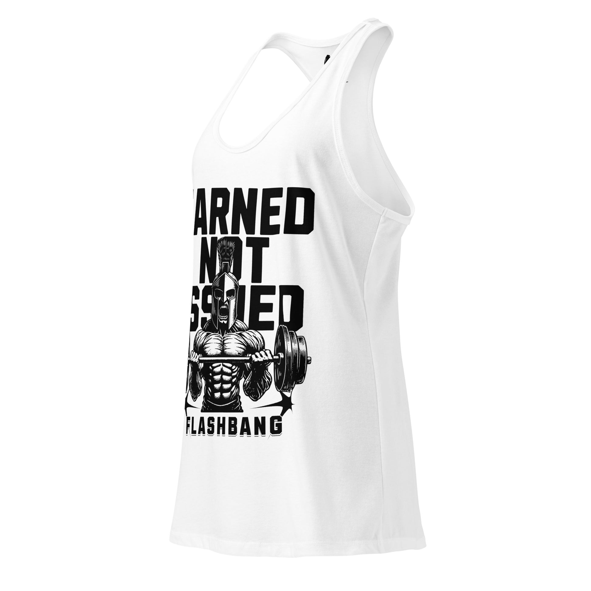 White tank top with black graphic and text on a white background