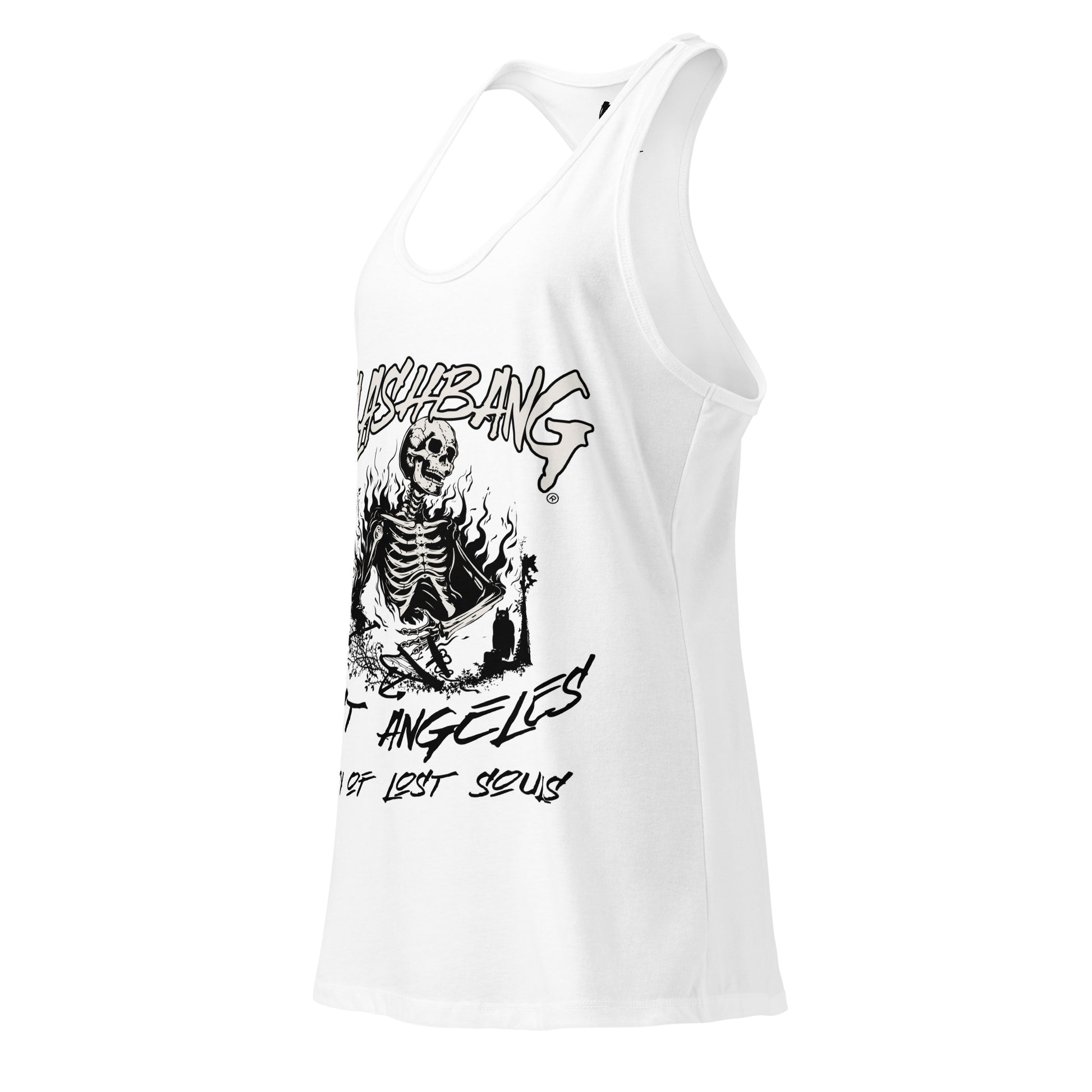 White tank top with black graphic design on a white background